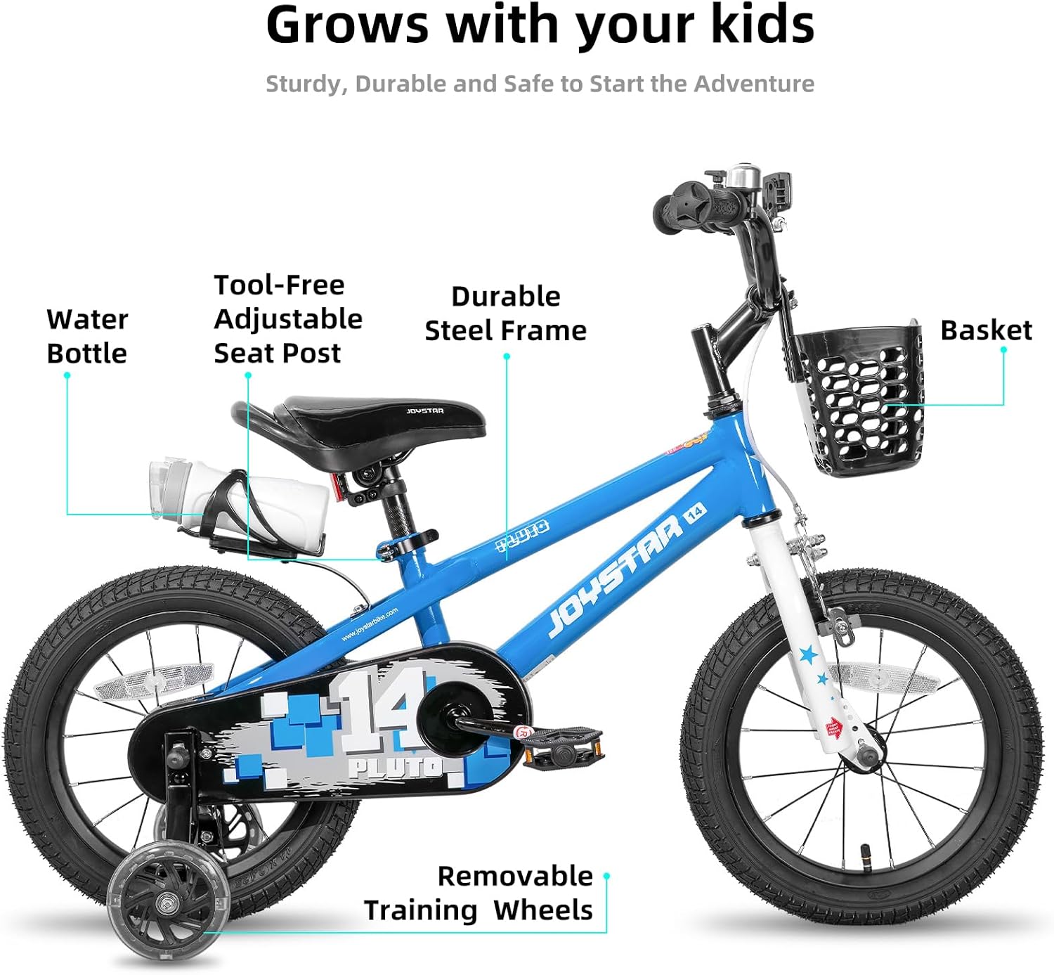Detalle de JOYSTAR Pluto 12-20 Inch Kids Bike: Light-Up Training Wheels, Adjustable Seat, and Safe Chain Guard