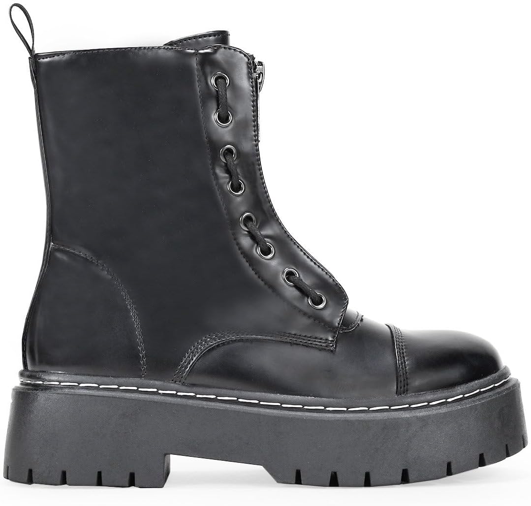 Detalle de BOSANOVA Militär-Stiefel mit gezackter Plattform – Damen, veganes Leder, Reißverschluss