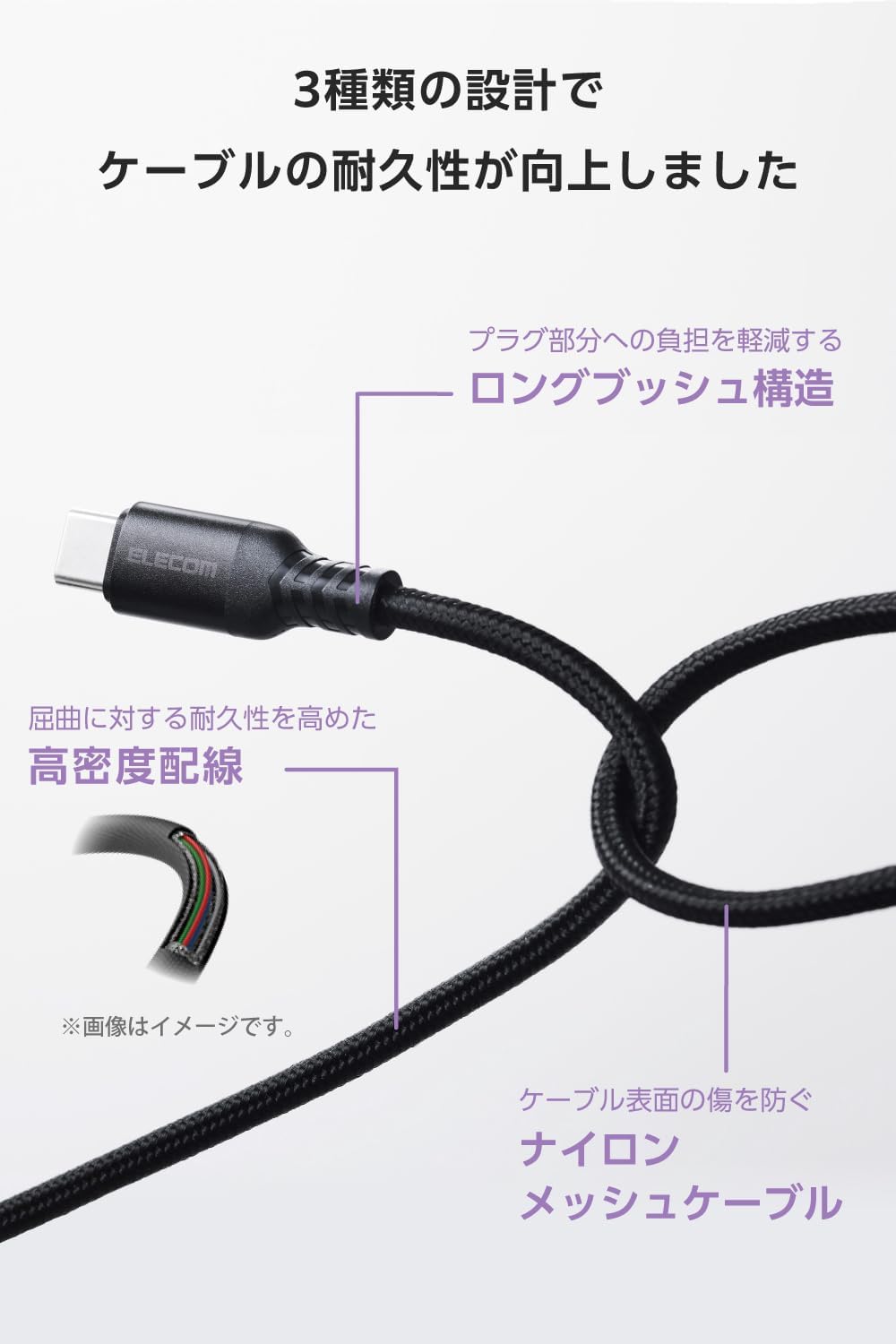 Detalle de エレコム MPA-CCEC5PSTHBK USB Type-Cケーブル 3本セット、100W PD対応・ナイロンメッシュ