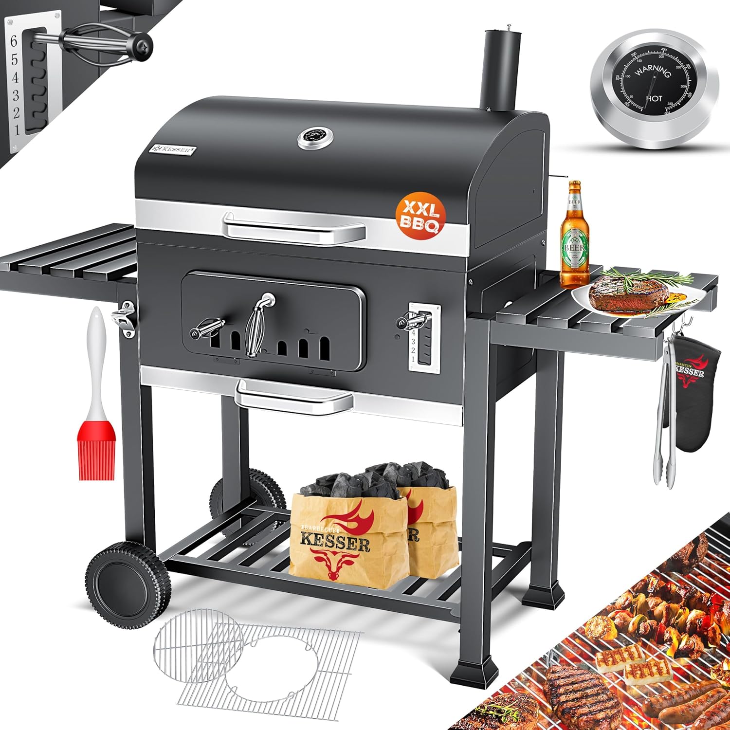 Thumbnail 6 de KESSER Holzkohlegrill XXL Grillwagen-Set mit Deckel & Thermometer (56 x 41,5 cm Rost)