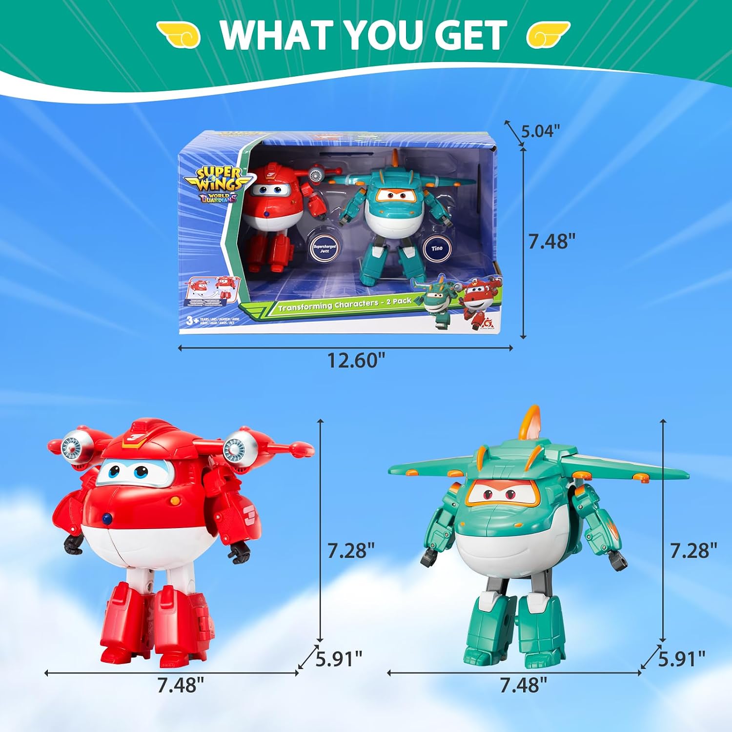 Detalle 2 de Super Wings 5" Transforming Characters 2-Pack: Jett Supercharged + Tino, set di 2 figure trasformabili da 12 cm
