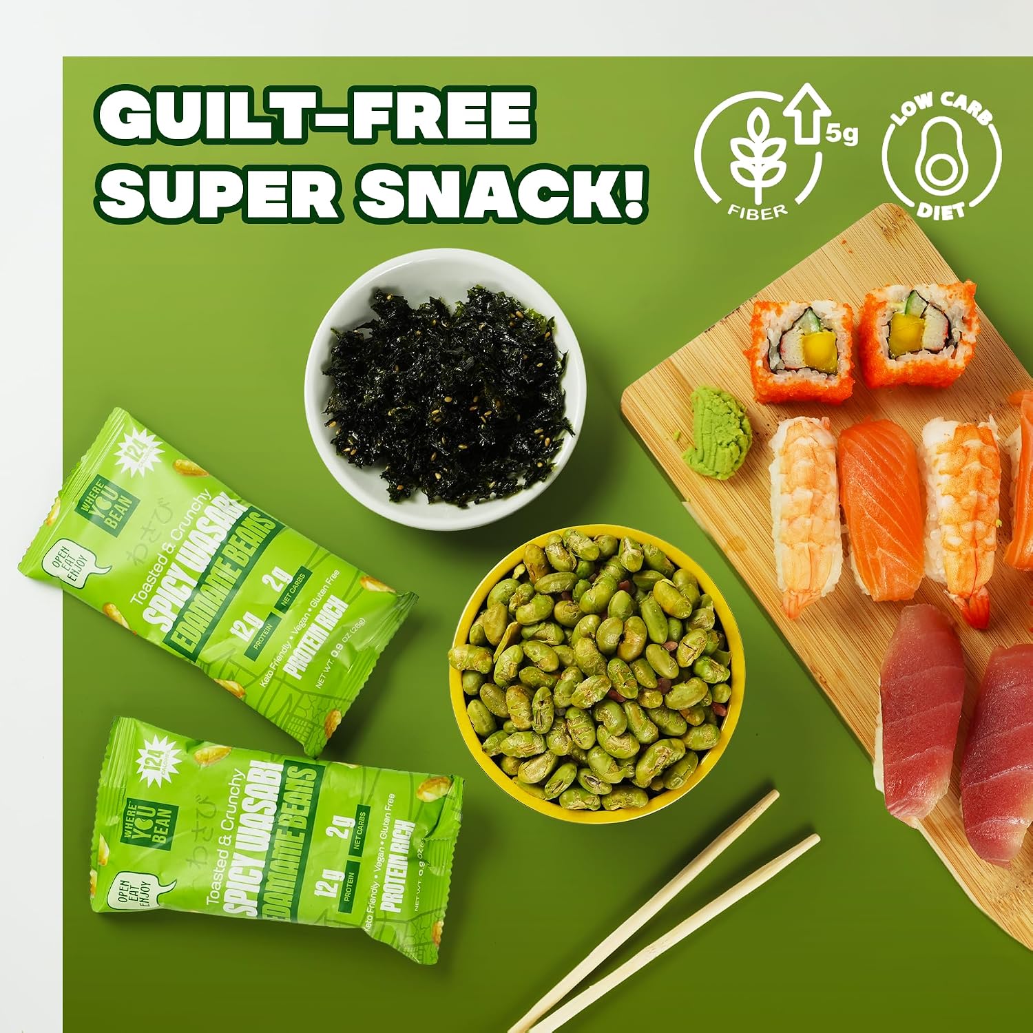 Detalle 2 de Where You Bean Spicy Wasabi - 8 pack Dry Roasted Edamame Snack, 12g Protein