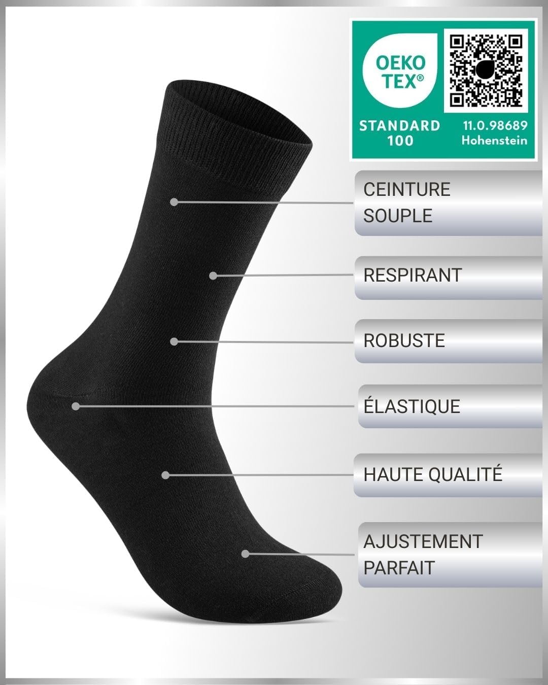 Detalle de Chaussettes Homme Business Noir (lot de 10) en coton respirant – Confort au quotidien