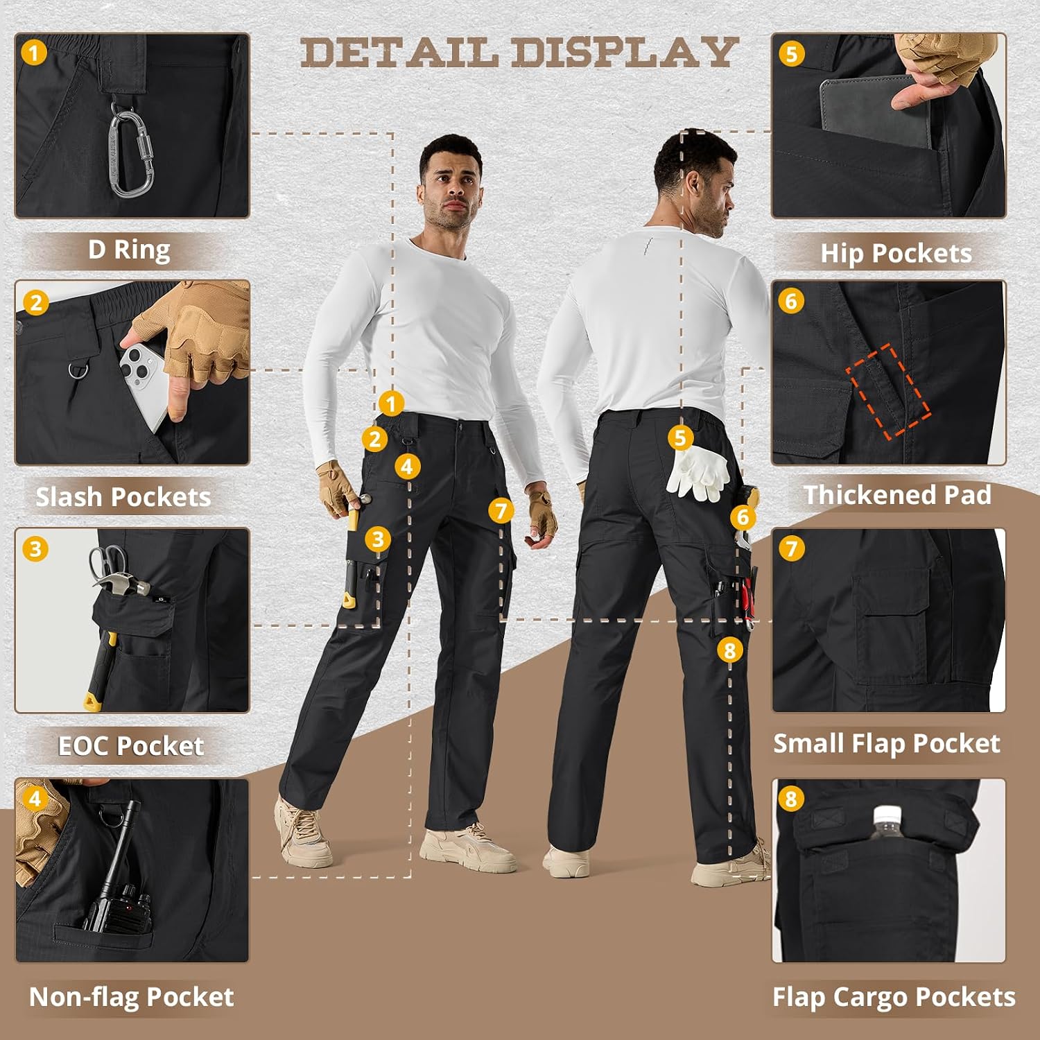 Detalle de IGOLUMON Work Trousers Men Cargo Trousers Stretch – 14-Pocket Combat Pants