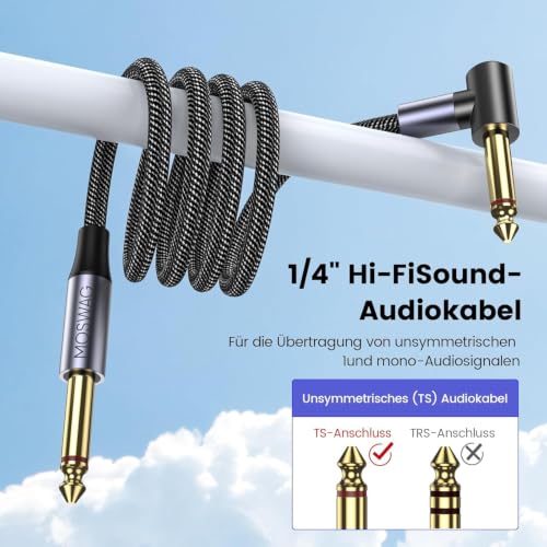 Thumbnail 2 de MOSWAG E Gitarren Kabel 3M – 6,35 mm TS mit 90° Biegsamem Bass AMP Kabel, Nylon-geflochten, geringes Rauschen