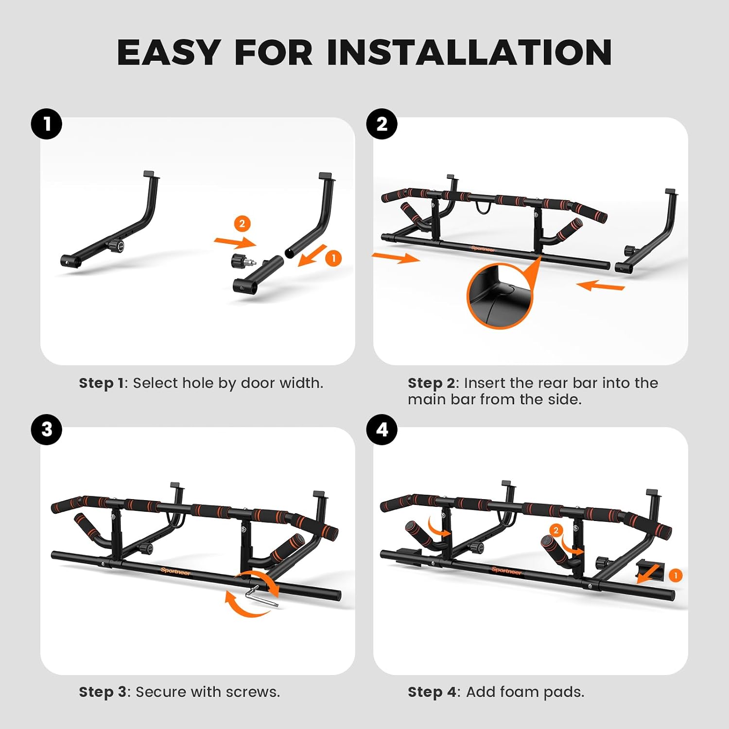 Detalle de Sportneer 4-Grip Doorway Pull-Up Bar with Foldable Handles, Alloy Steel