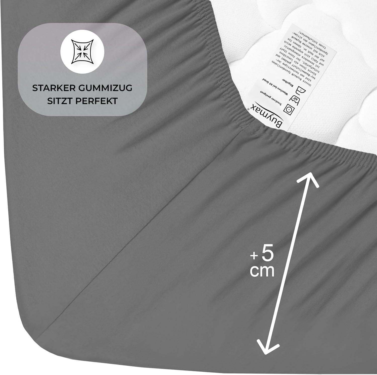 Thumbnail 3 de Buymax Spannbettlaken 90x200 cm aus 100% Baumwolle (Jersey) – Anthrazit-Grau, Matratzenhöhe bis 25 cm