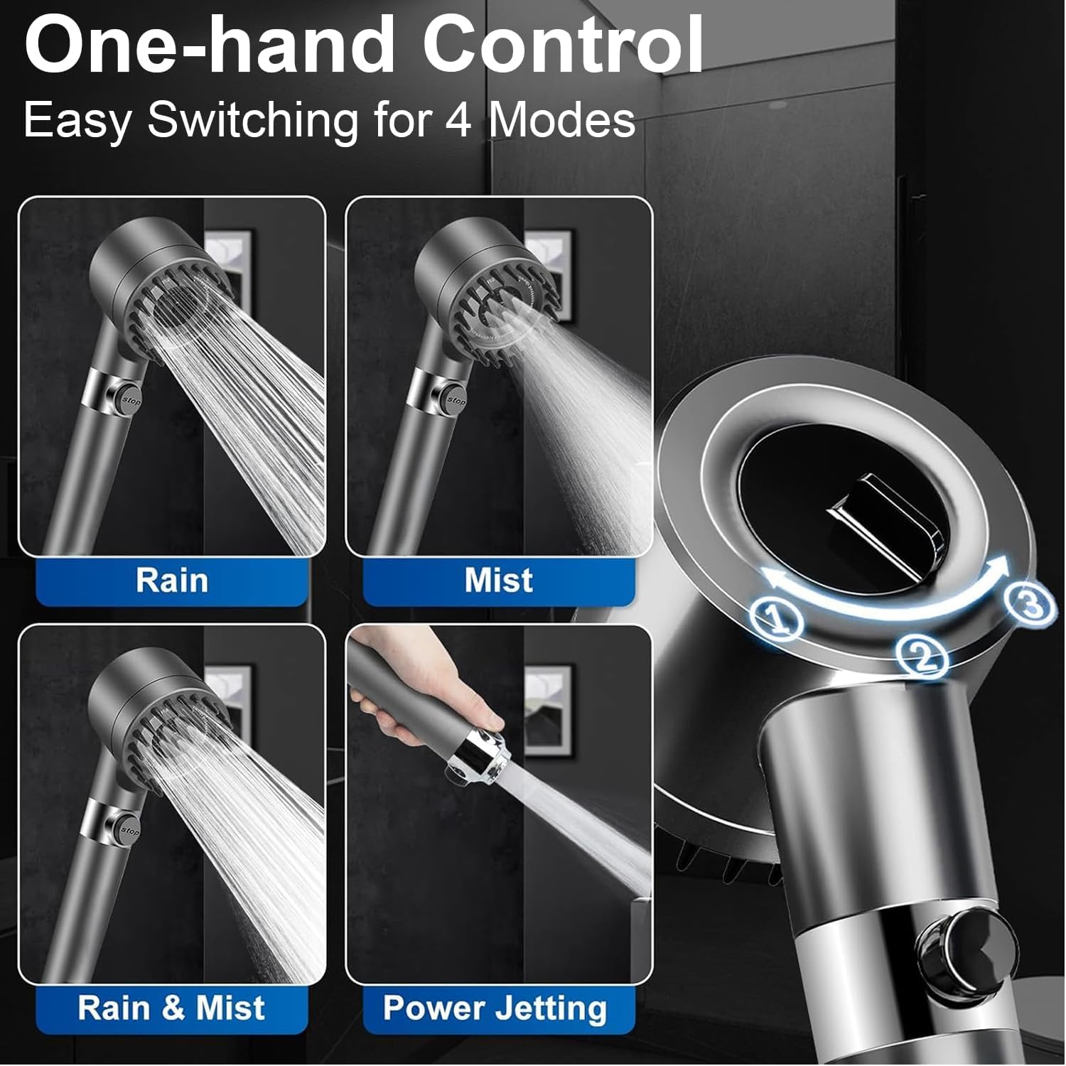 Thumbnail 3 de High Pressure Shower Head with 4 Spray Modes and 1.5m Hose – Filtered, Massage & Skin Care