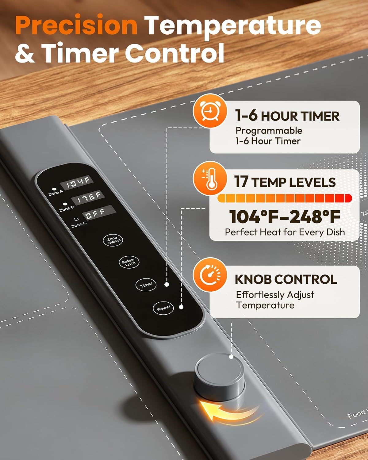 Detalle 1 de Yeeke Extra-Large Food Warming Mat, 3-Zone Control, 17 Settings, 6-Hour Timer