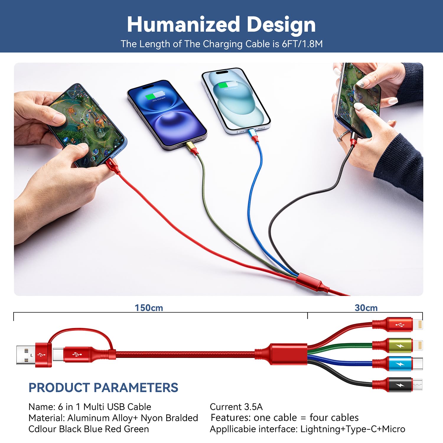 Thumbnail 6 de Minlu 6-in-1 Multi Charging Cable (2-Pack, 6ft) — 6-in-1 USB A/C to Lightning, USB-C, Micro USB