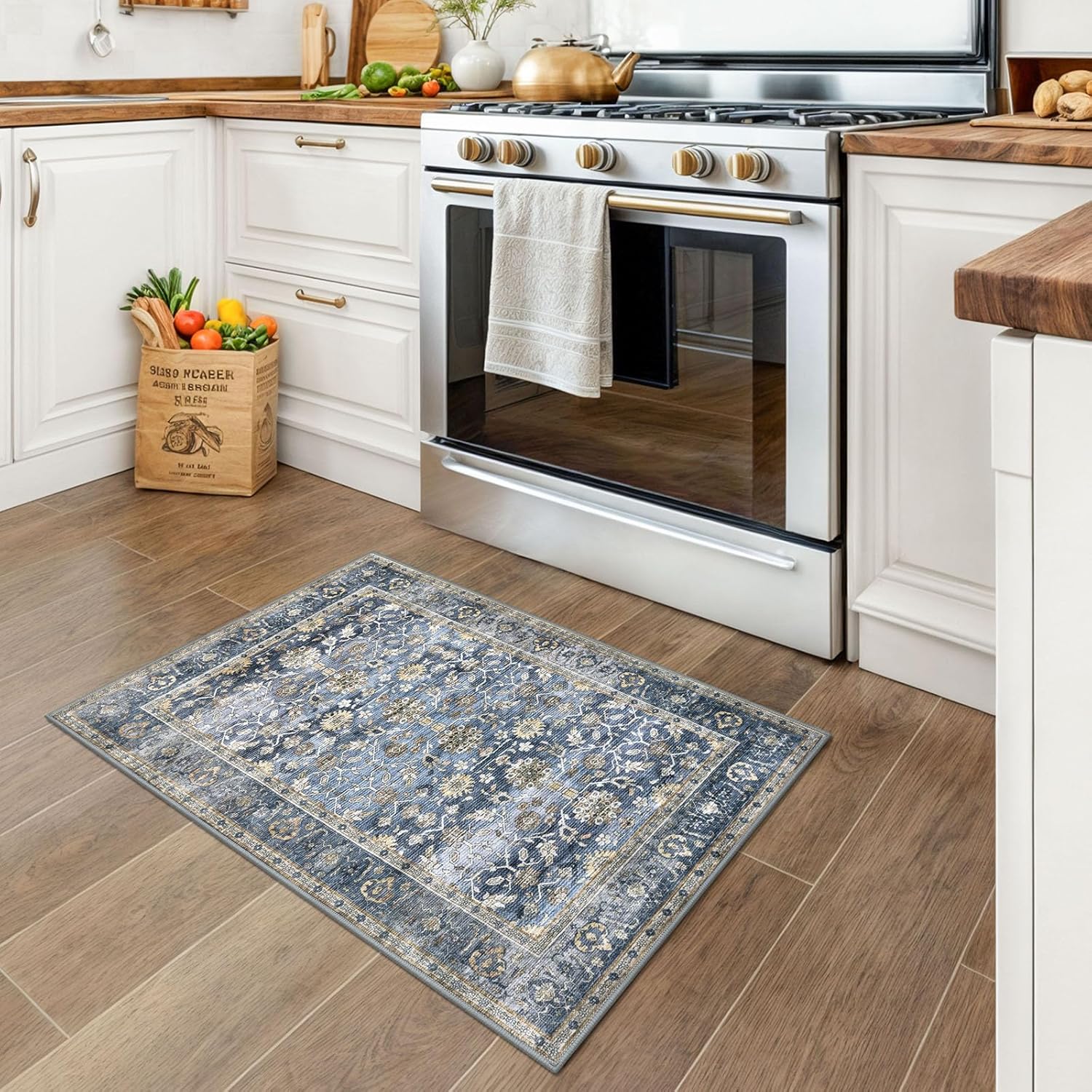 Thumbnail 1 de KUTA Vintage 2x3 Entryway Rug with Floral Print, Blue-Grey-Beige, Non-Slip, Washable