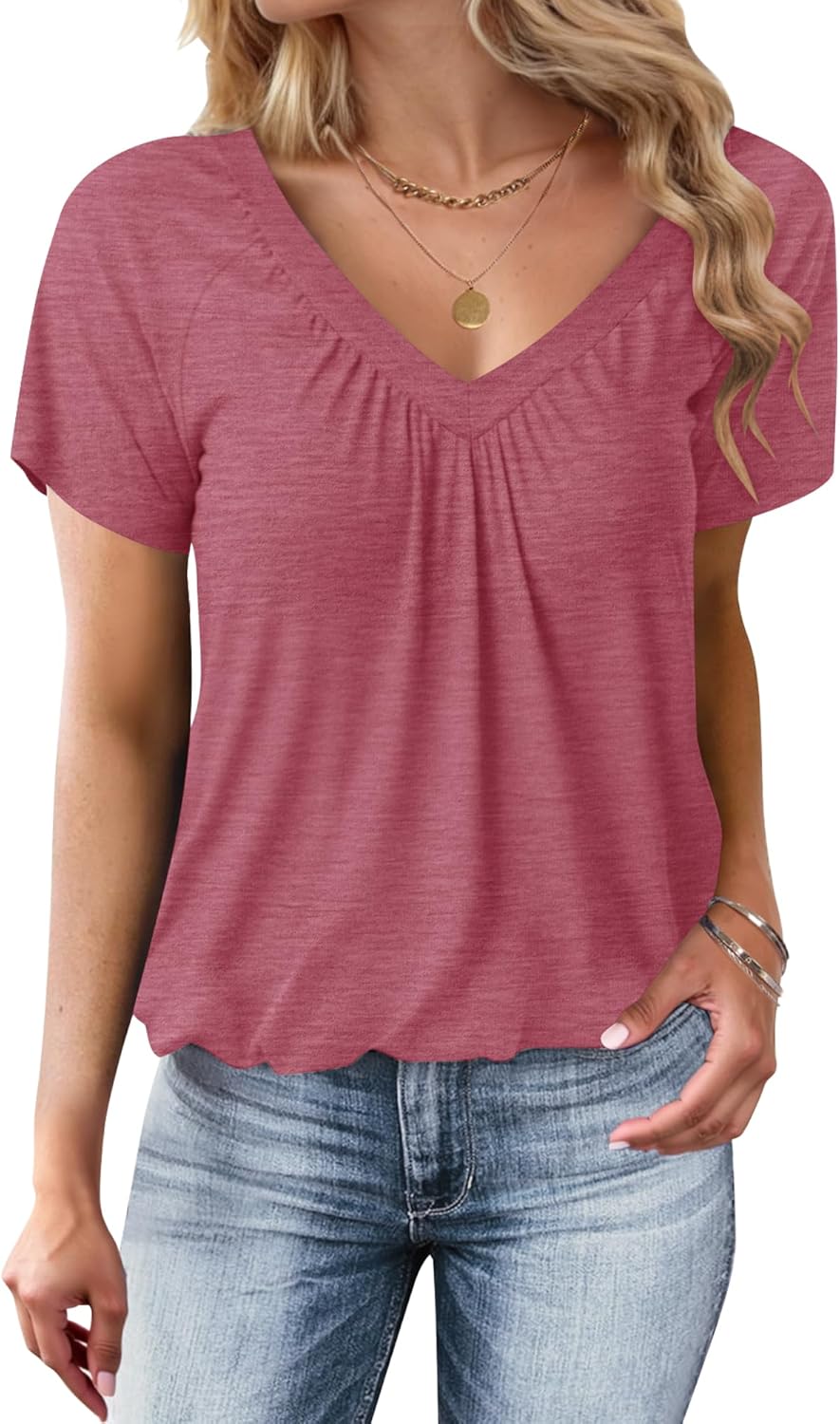 Thumbnail 6 de WNEEDU Damen Sommer T-Shirt: Basic V-Ausschnitt mit plissiertem Frontmieder
