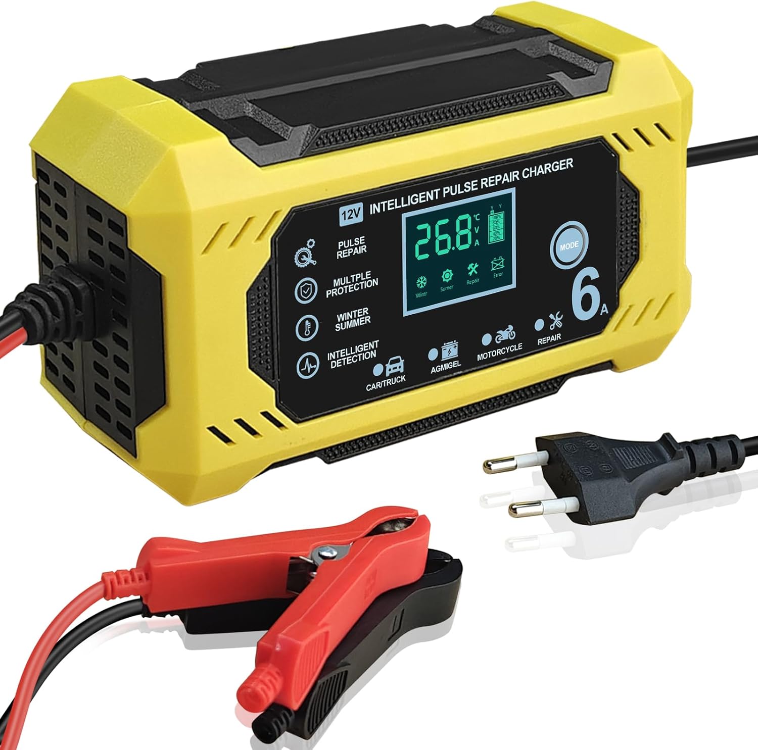 Caricabatterie auto 12V 6A con schermo LCD e manutenzione