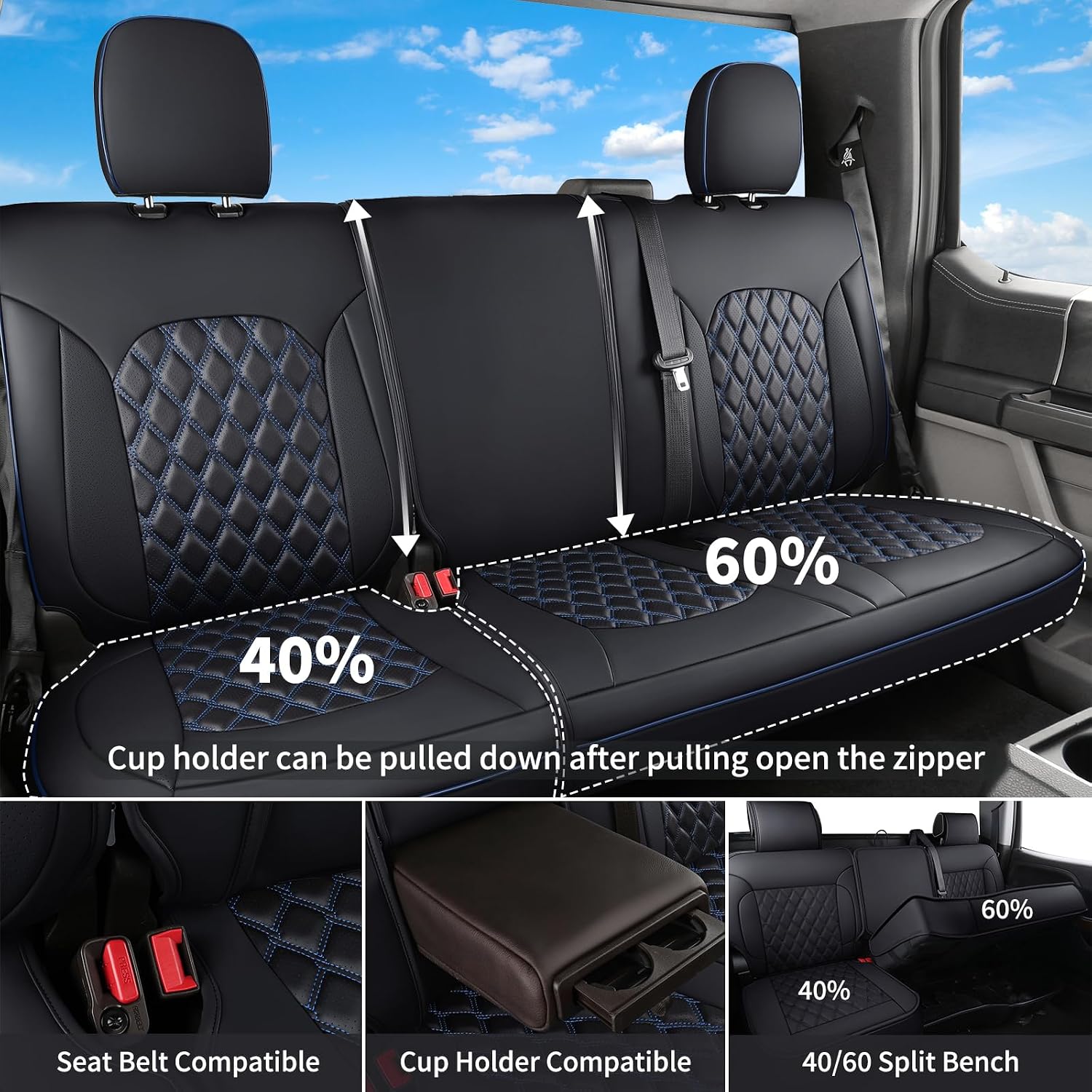 Detalle de Huidasource Faux Leather Front & Rear Truck Seat Covers for 2015-2025 Ford F-150 SuperCrew and 2017-2025 F-250/F-450 Super Duty Crew Cab (Black & Blue, Full Set)