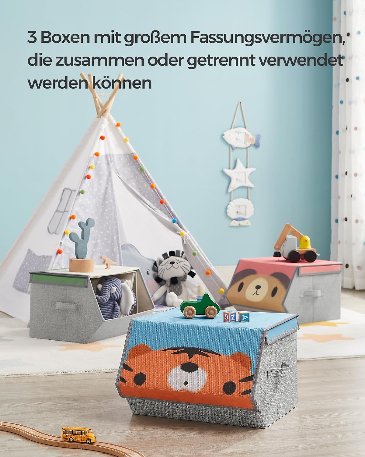 Detalle de SONGMICS Aufbewahrungsboxen 3er-Set RFB760P03 mit magnetischem Deckel, faltbar – Stoffboxen für Kinderzimmer