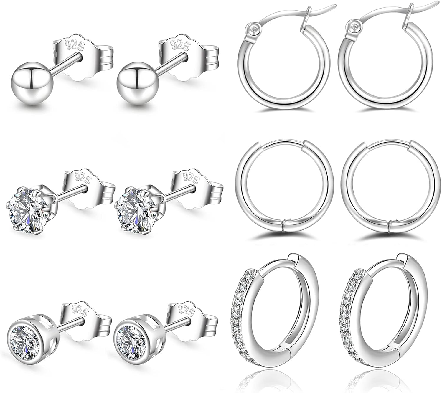 Detalle de PABBEU Silver Hoops Earrings for Women – 6 Pairs of 925 Sterling Silver with Cubic Zirconia