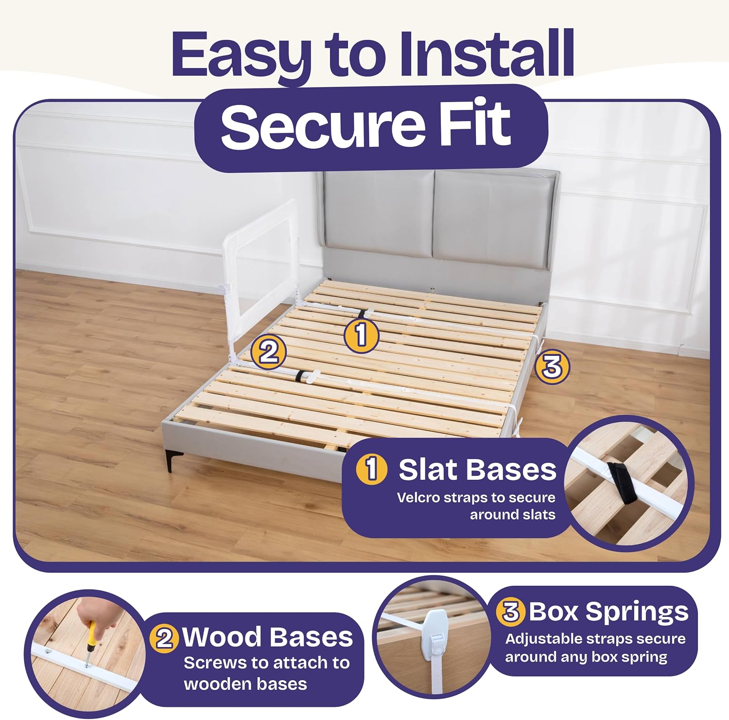 Detalle 2 de ComfyBumpy CFBY12836 Adjustable Toddler Bed Rail, 55.5-Inch Swing-Down Guard