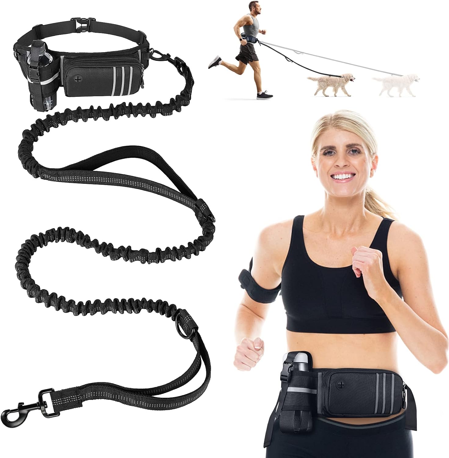 Detalle de Joggingleine für Hunde mit Bauchgurt & Hüfttasche – Freihandleine, Doppelfassungen & Stoßdämpfer