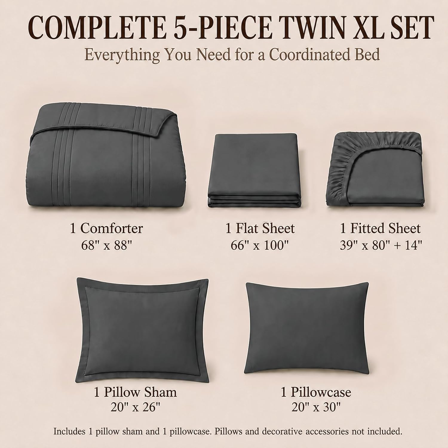 Detalle de CozyLux Twin XL Comforter Set Dark Grey – 5 Pieces Bed in a Bag