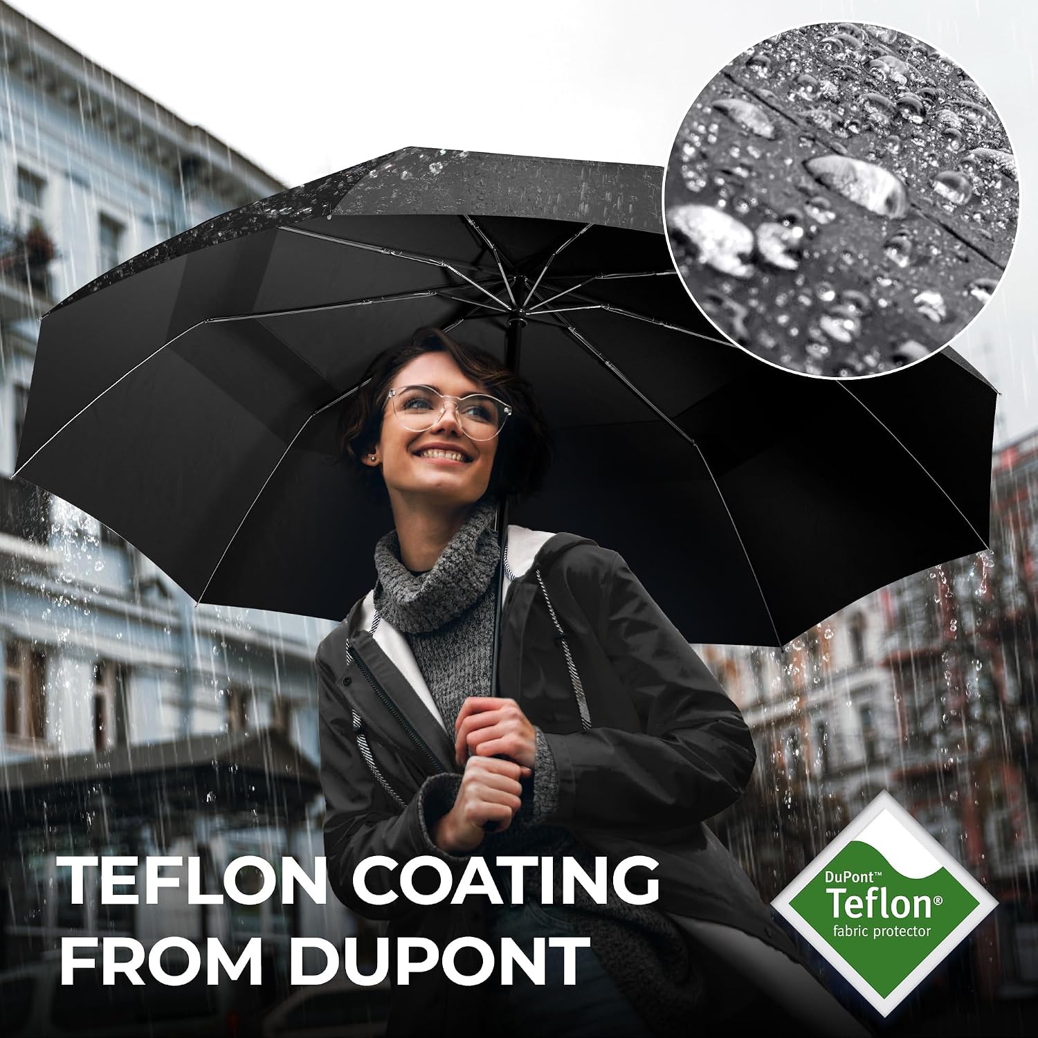 Detalle de Umbrella Windproof Compact – Strong Storm Proof Frame, Auto Open/Close Double Canopy, Teflon Water-Resistant (Black)