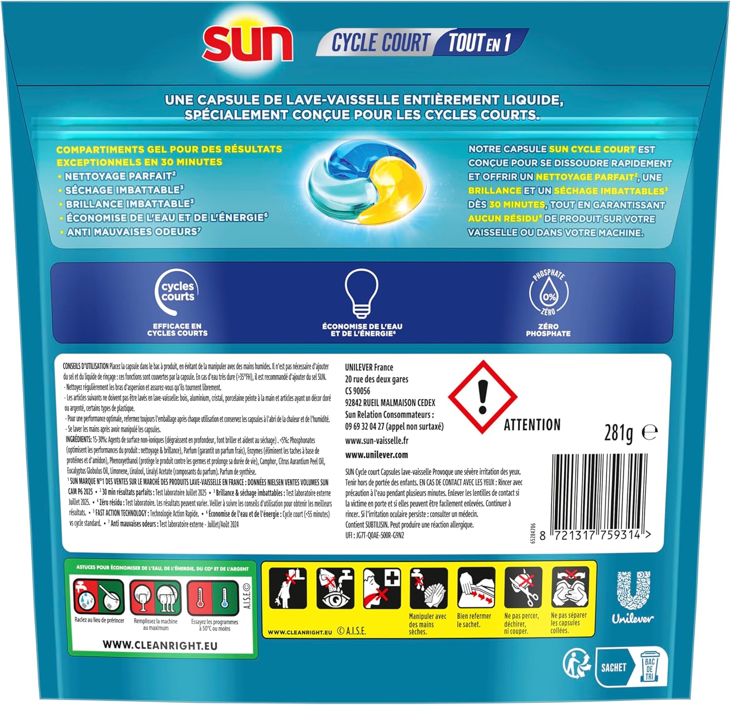 Thumbnail 1 de Sun - Capsules Cycle Court 30 Minutes 1‑et‑en‑1, 22 Lavages – Gels Lave‑Vaisselle Zéro Résidu au Parfum Citron Vert & Thé Vert