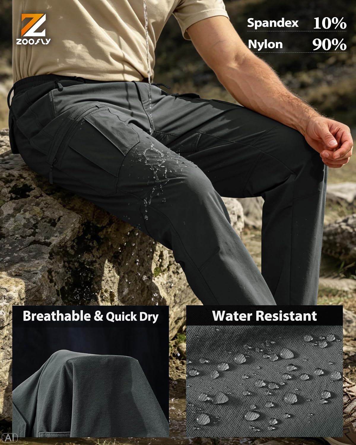 Detalle de Zoofly Men's Hiking Pants, Stretch Nylon Cargo Pants with 6 Pockets