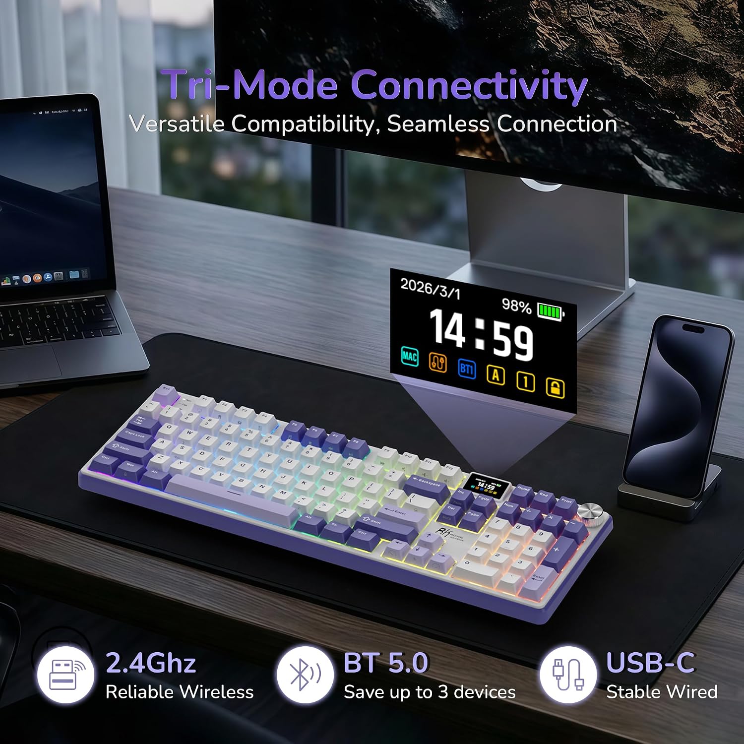 Detalle de RK ROYAL KLUDGE S104 Full-Size Wireless Mechanical Keyboard with TFT Screen and Knob