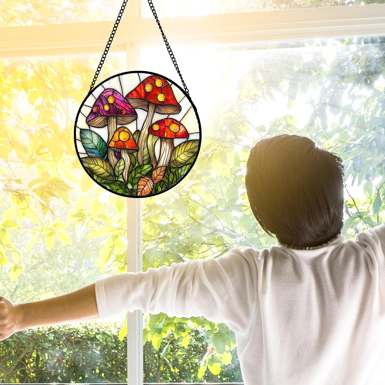 Thumbnail 1 de DASTOLL Mushroom Leaves Window Suncatcher, 6.3-Inch Red and White Glass Decor