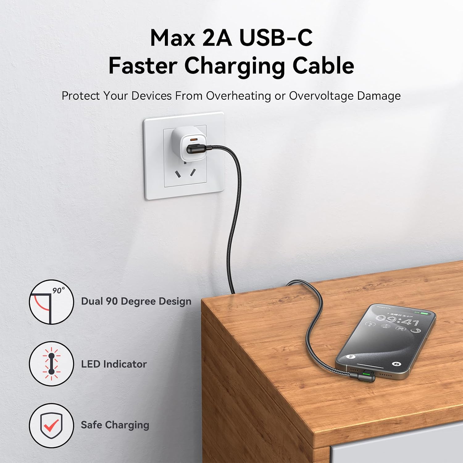 Detalle de mcdodo 6FT USB-A to USB-C Cable with 90 Degree Right Angle and LED Indicator (1.8m)