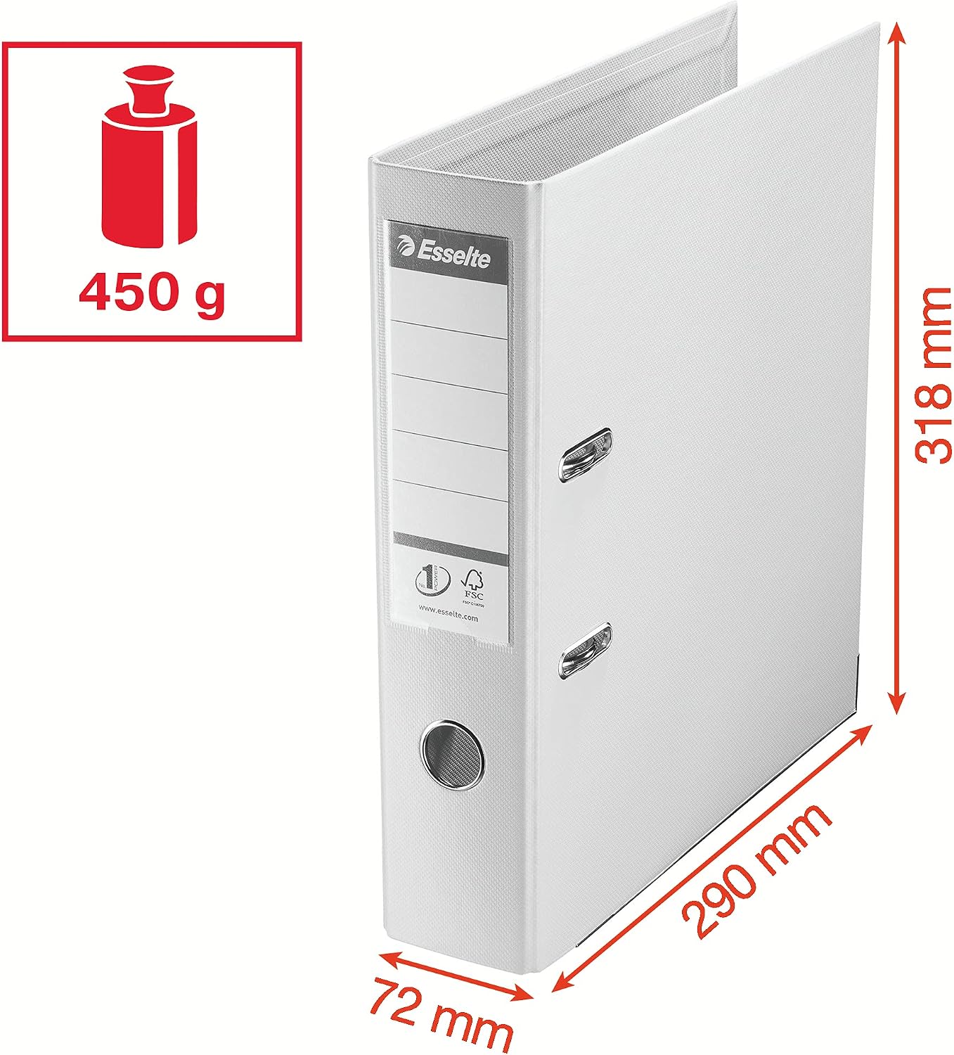 Detalle de Esselte N°1 Power – Lot de 5 classeurs à levier blancs, A4, 2 trous, 500 feuilles