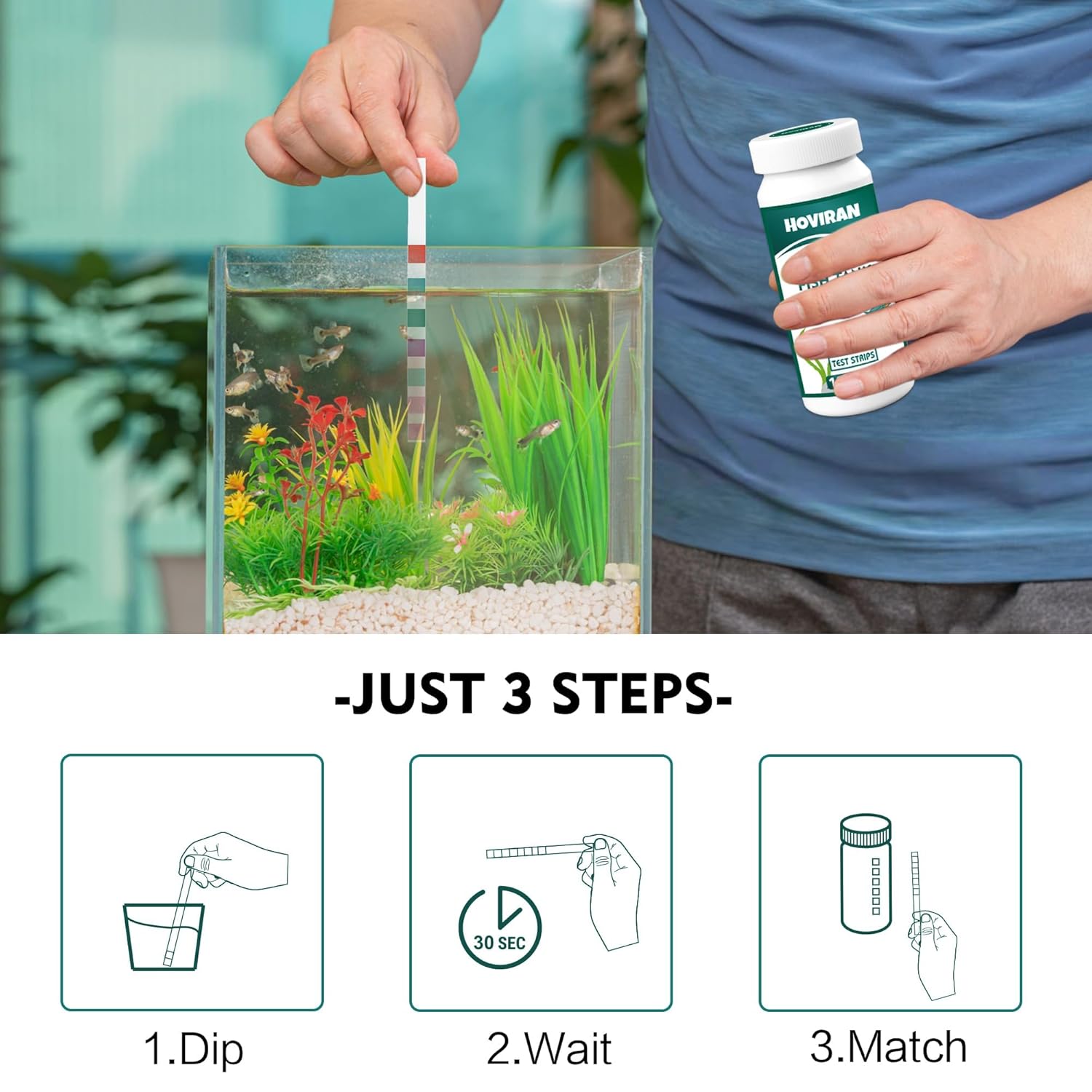 Detalle 2 de HOVIRAN 7-in-1 Aquarium Teststreifen (125 Stück) für Süß- und Salzwasser