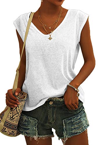 Detalle de GeGekoko Damen V-Ausschnitt Sommer Basic Top Weiss, Größe M