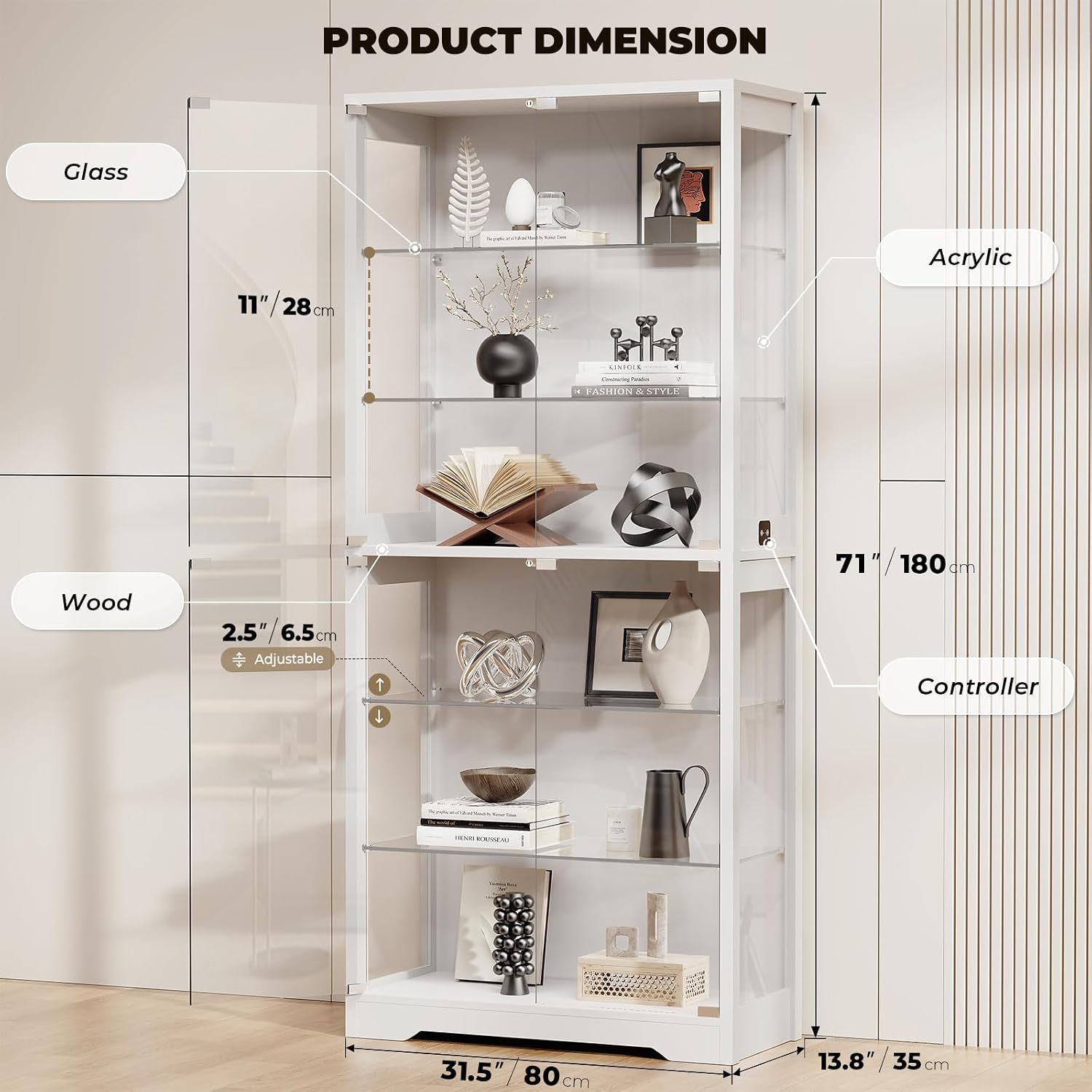 Detalle 2 de BROTTAR BD019 71-Inch Display Cabinet with Glass Shelves and 3-Color LED Lights