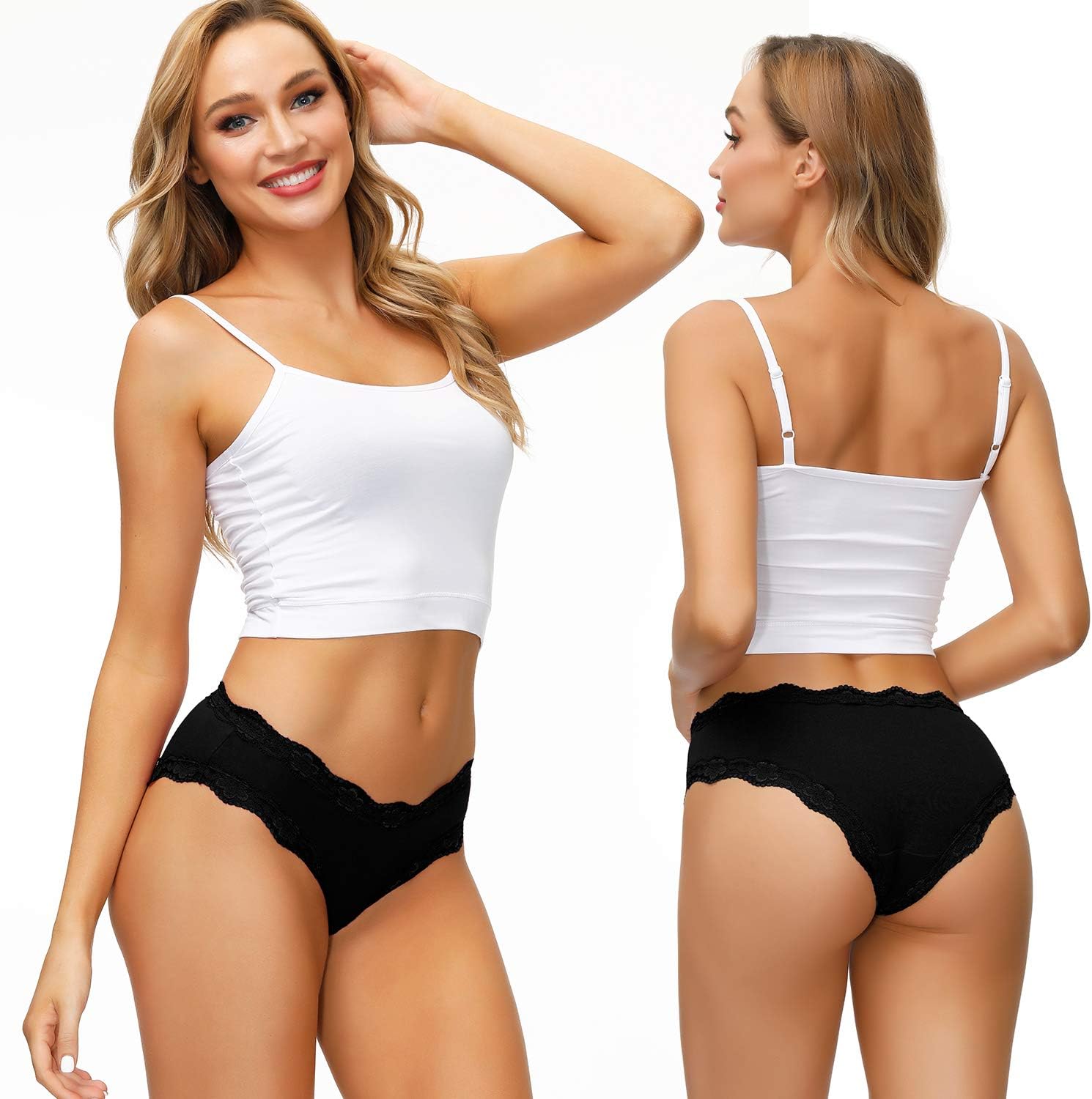 Detalle 2 de LYYTHAVON Women's Cotton Briefs, 5-Pack with Lace Trim, Black
