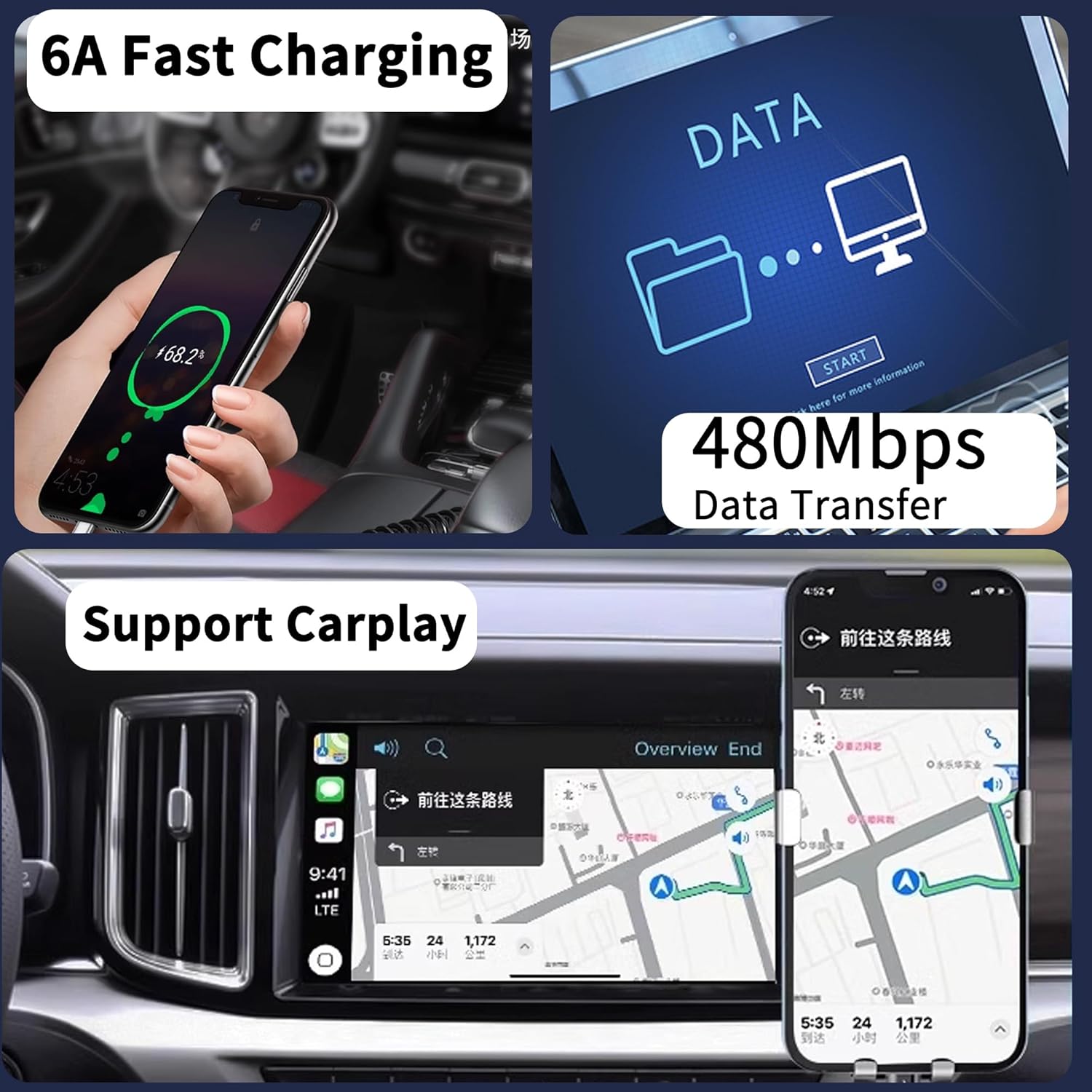 Detalle de MISYNLON USB-C Kabel 90° - 15 cm kurzes, rechtwinkliges Ladekabel mit 6A, CarPlay-Kompatibilität