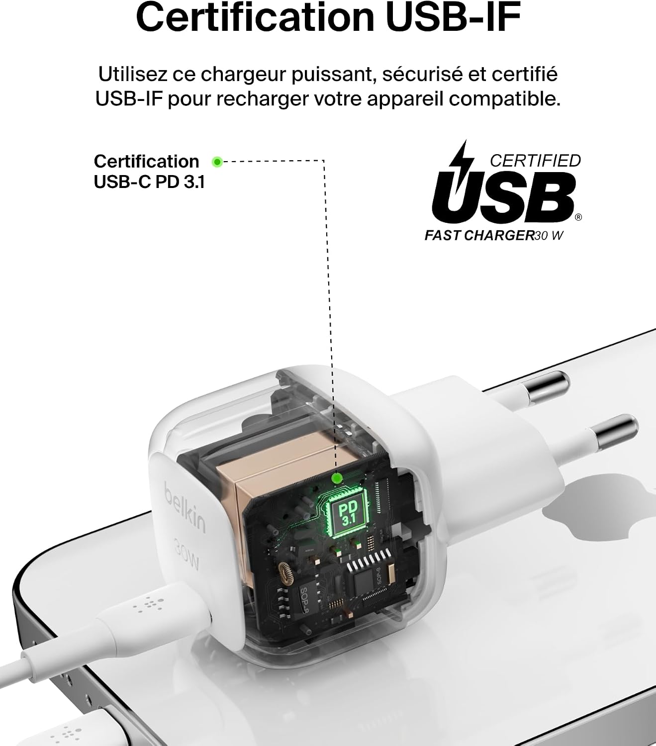 Detalle de Belkin Chargeur secteur compact BoostCharge 30 W USB‑C Power Delivery (câble USB‑C vers C inclus, blanc)