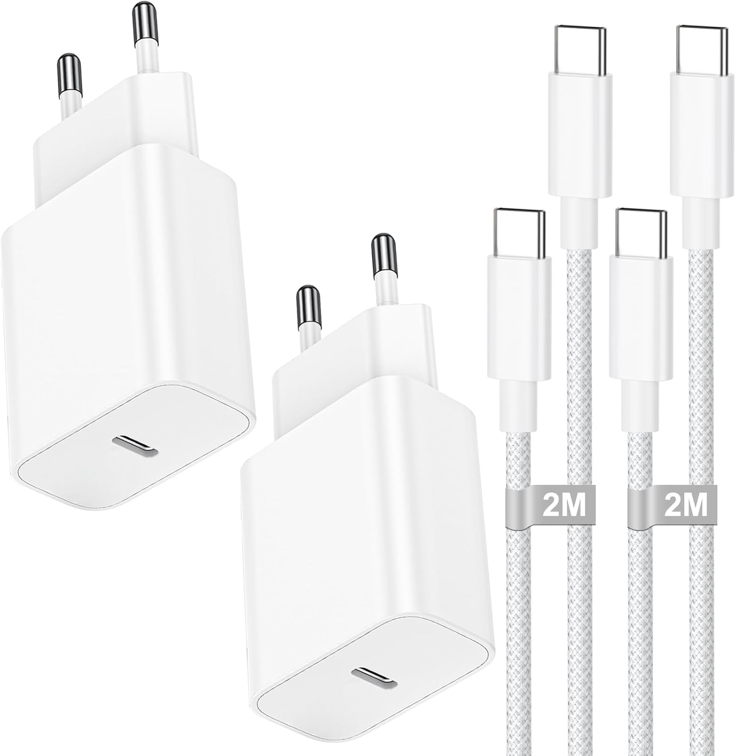 Detalle de Chargeur rapide USB-C 20W 2 Pack avec câble 2 m – pour iPhone 17/16/15, iPad, MacBook et plus