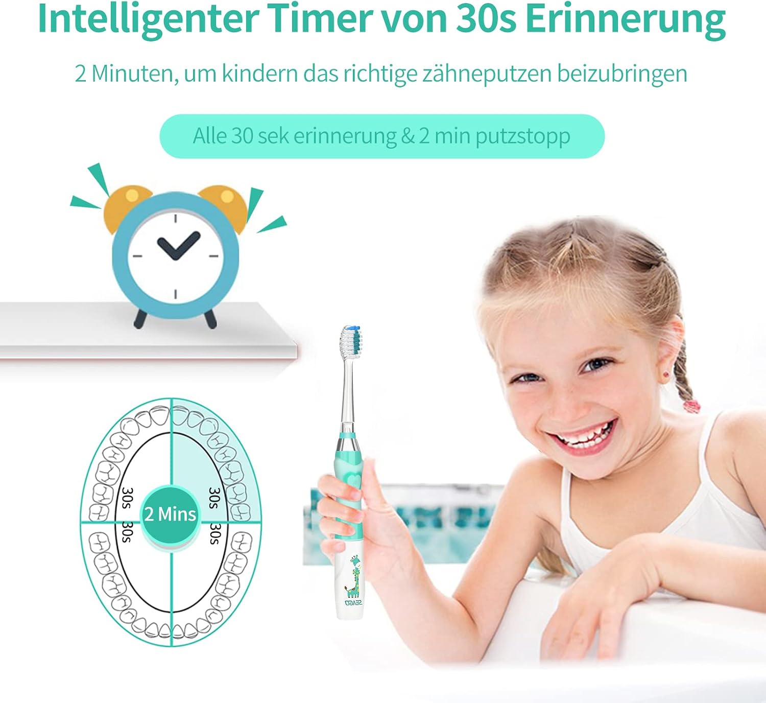 Detalle de seago SG-977 Kinder-Elektrische Zahnbürste (grün) ab 3 Jahren mit Smart-Timer, LED-Licht und 4 weichen Bürstenköpfen