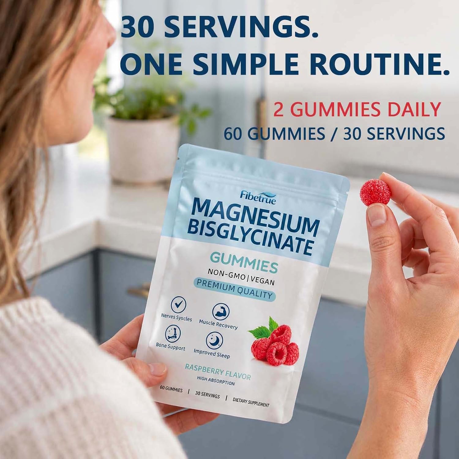 Detalle 1 de Magnesium Glycinate Gummies 400mg, Vegan Raspberry, 60 Count