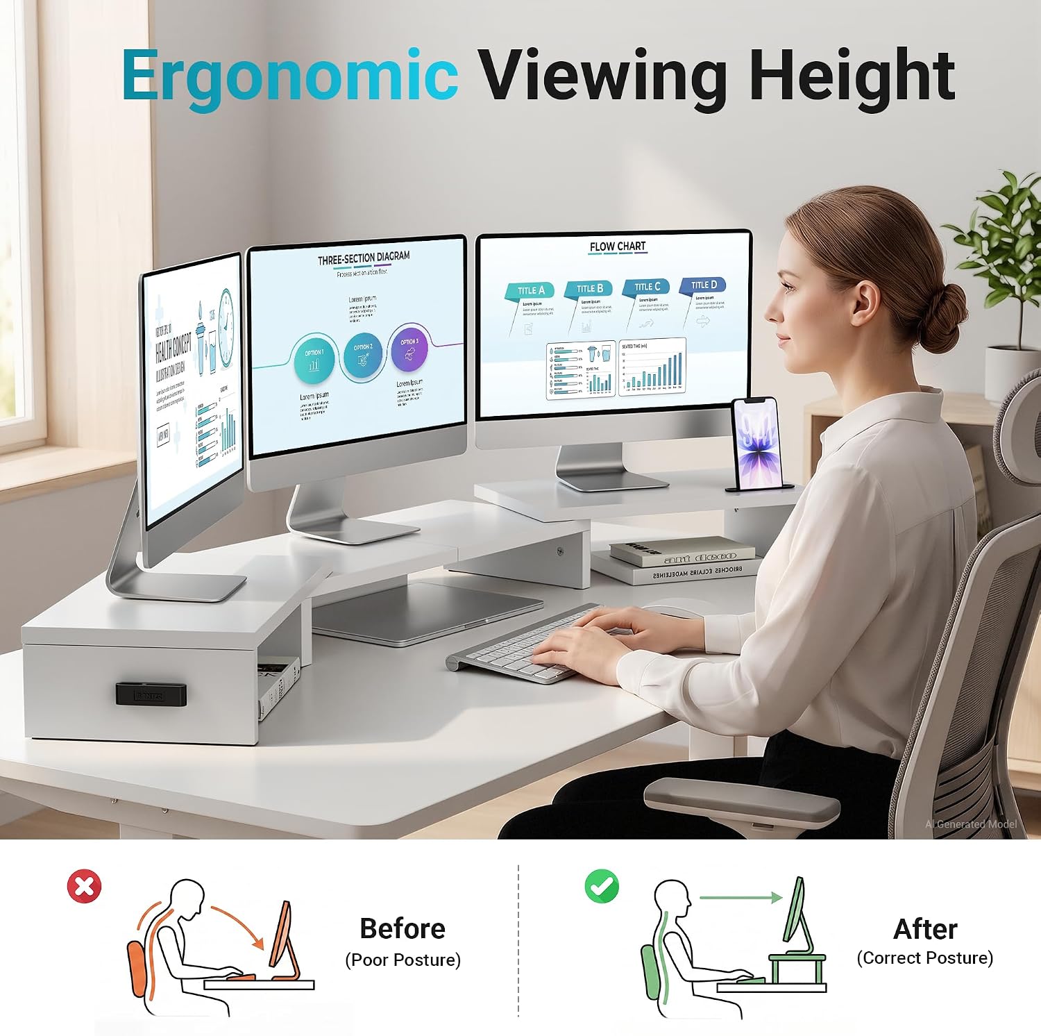 Thumbnail 1 de BONTEC Triple Monitor Stand Riser, White Wood, Adjustable 32.3–53.3 in
