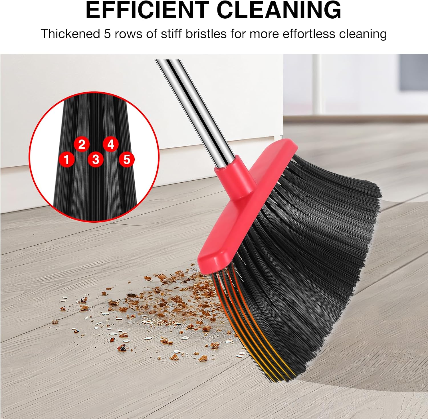 Thumbnail 5 de NACENA 52-Inch Adjustable Broom and Dustpan Set (2-Pack) with Built-in Teeth for Hair, Black & Red