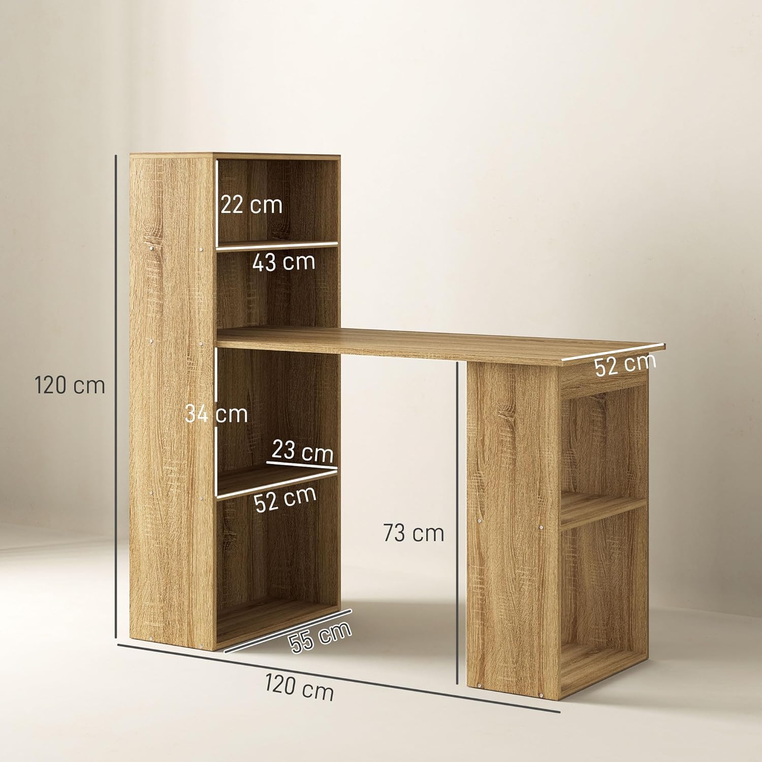Thumbnail 2 de HOMCOM Bureau Informatique avec Rangement – 120 x 55 x 120 cm, chêne (6 compartiments ouverts)