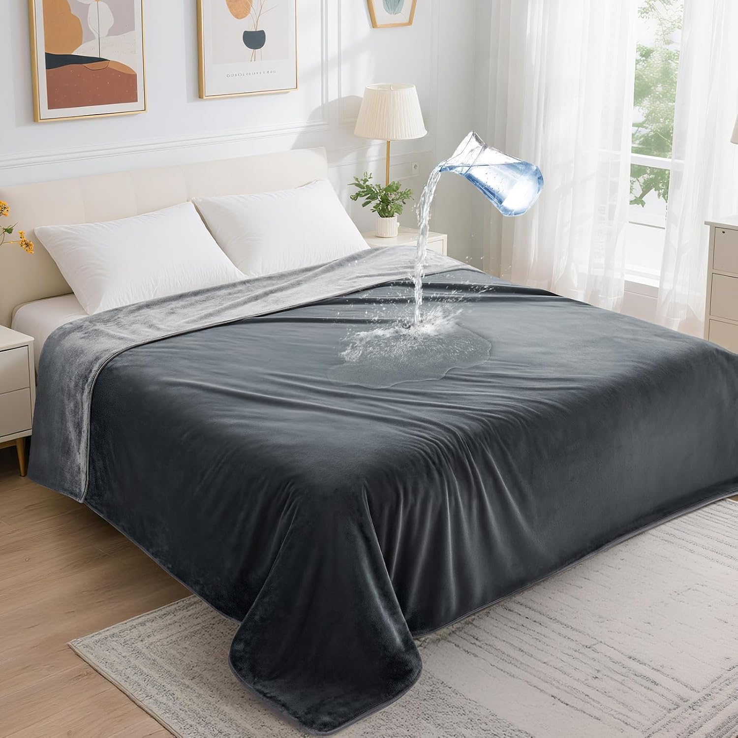 Detalle de LOOBANI 60" x 80", Gray Waterproof Blanket, Reversible Flannel Throw