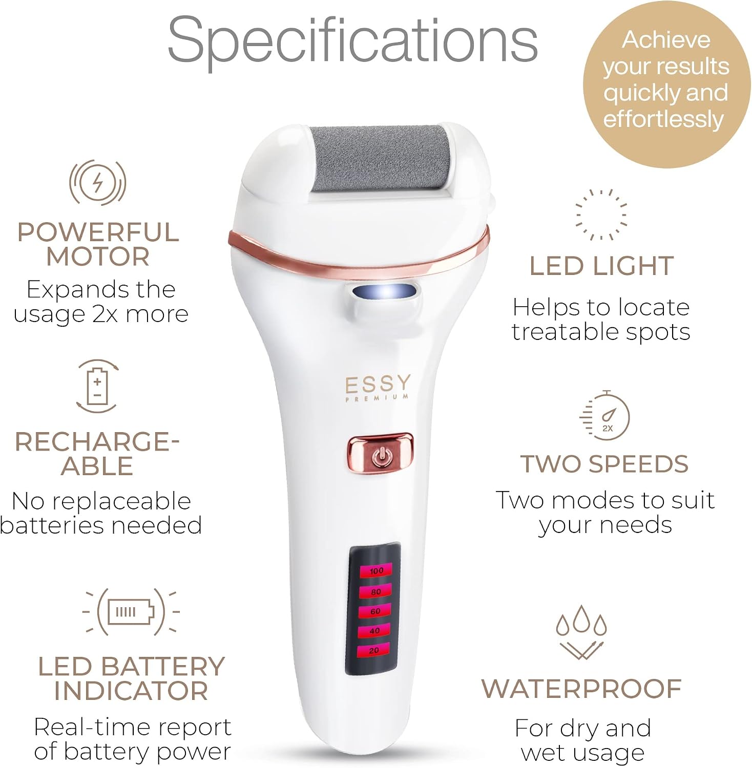 Thumbnail 1 de Essy Electric Foot File Rechargeable with 5 Replacement Rollers (White) — USB Charging, 2 Speeds and Waterproof