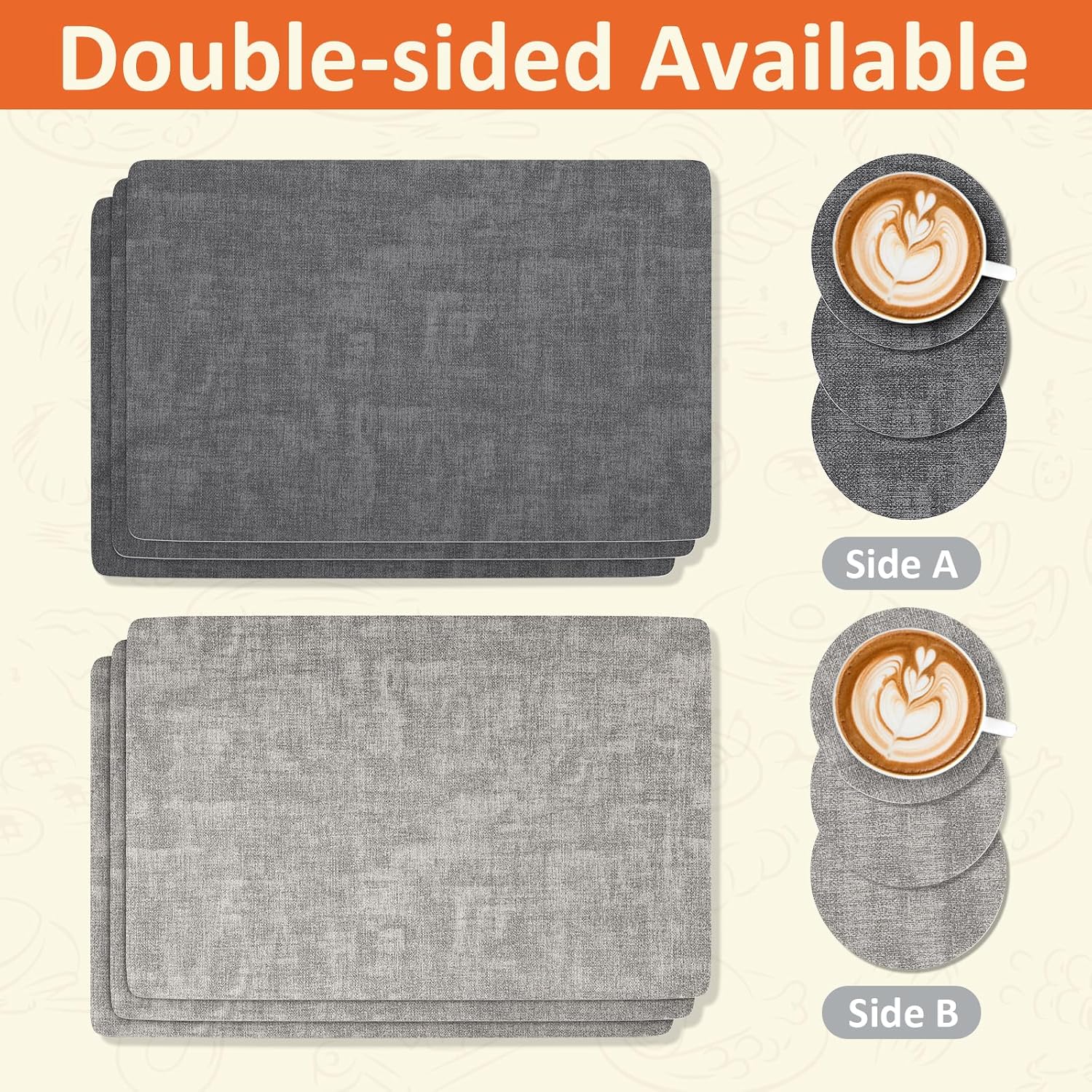 Detalle de Euqvunn Placemats and Coaster Set of 6, Reversible Grey PU, 12 Pieces