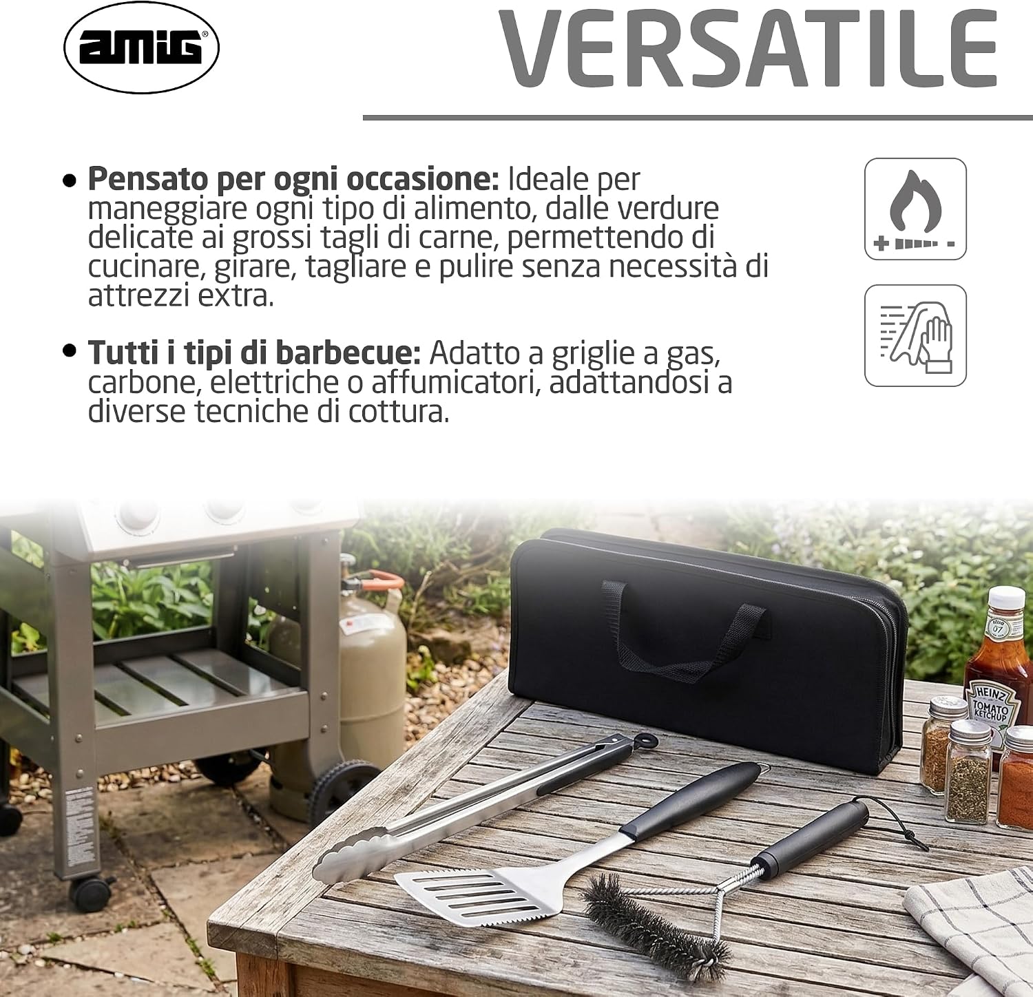 Detalle de Amig Kit 3 Accessori per Barbecue AM02: spatola, pinze e spazzola in acciaio inox con custodia