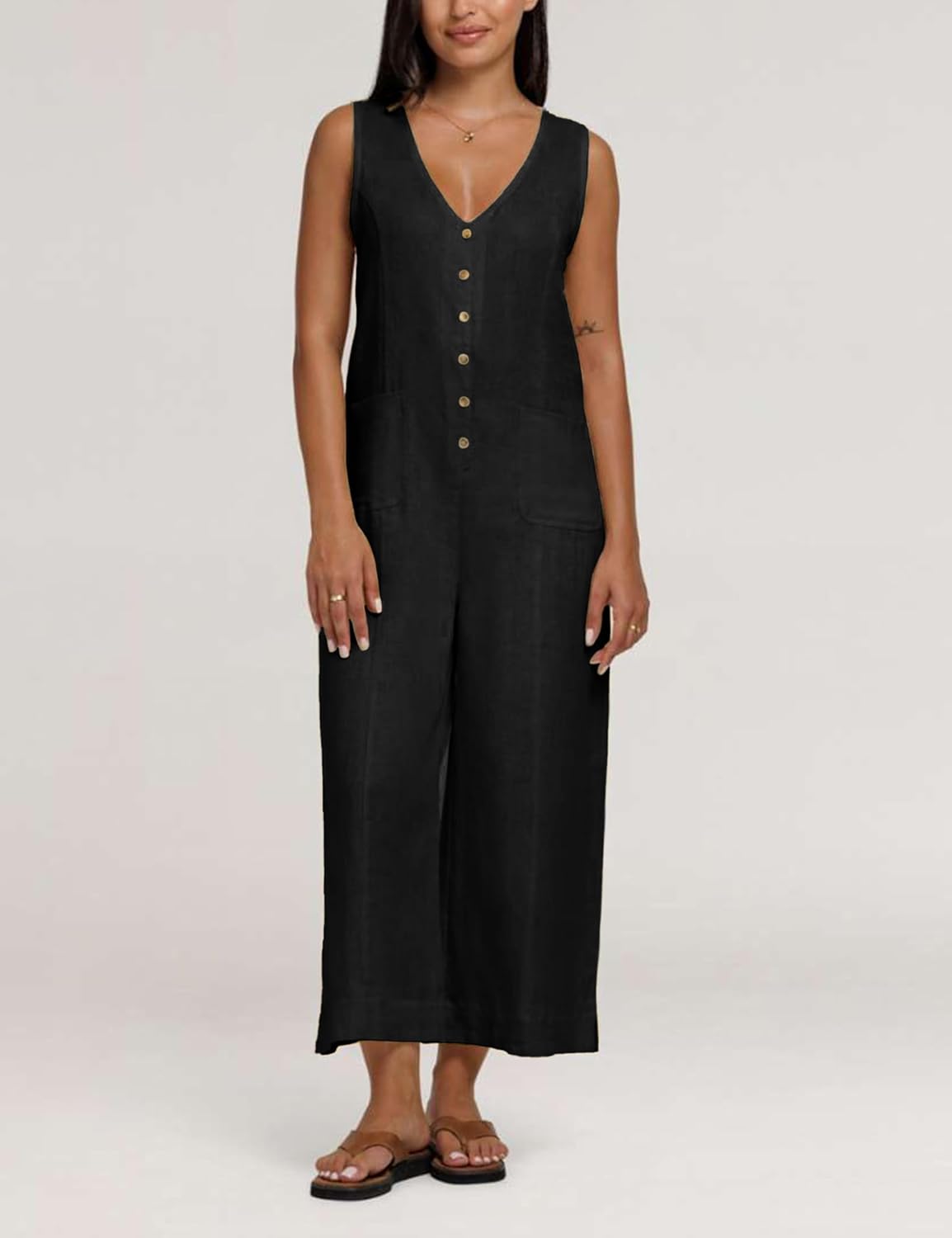Thumbnail 5 de Yeokou Women Cotton Linen Button-Down Jumpsuit with Pockets (Sleeveless, Wide-Leg)