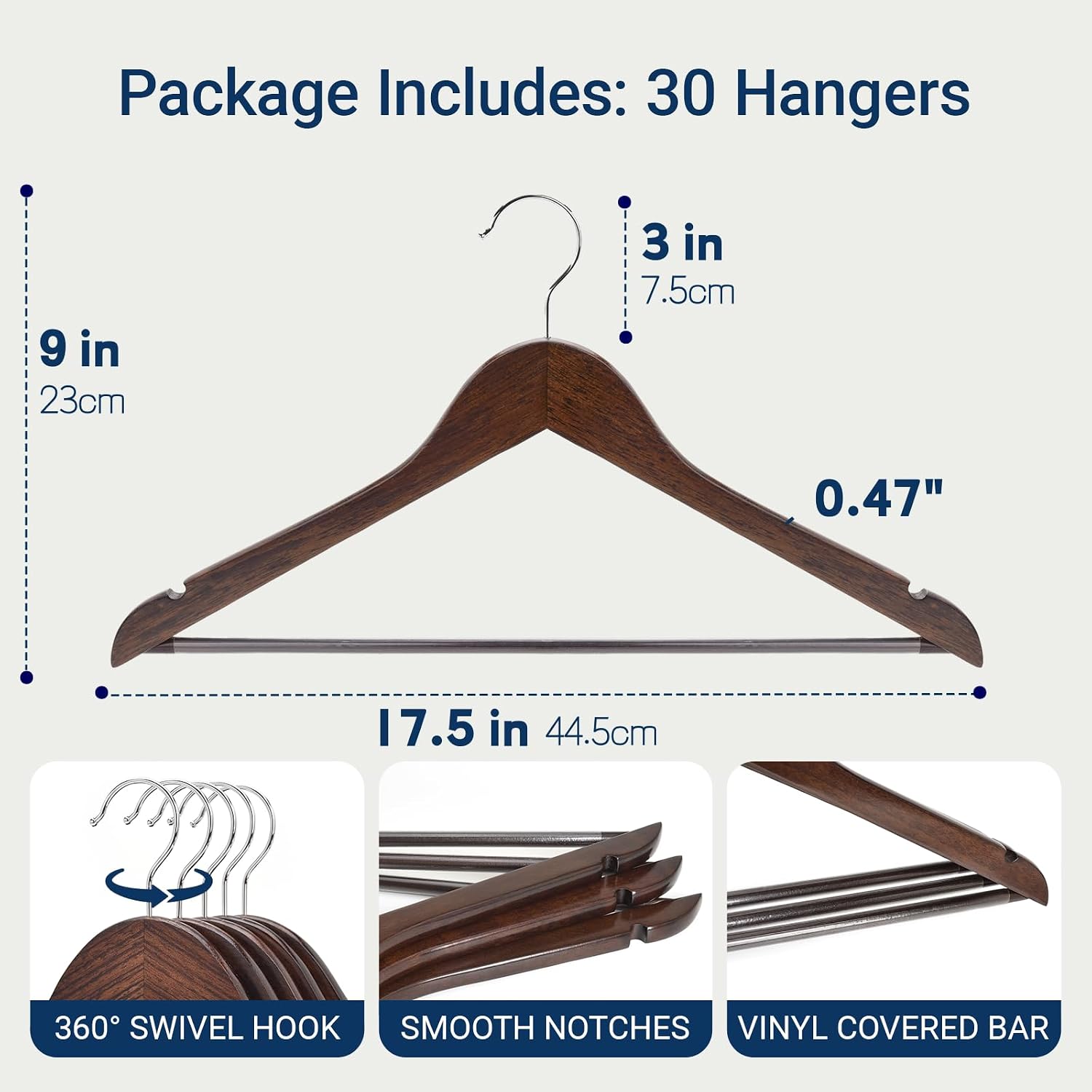 Detalle 2 de Amber Home Retro Wooden Coat Hangers, 30-Pack with Non-Slip Pant Bar