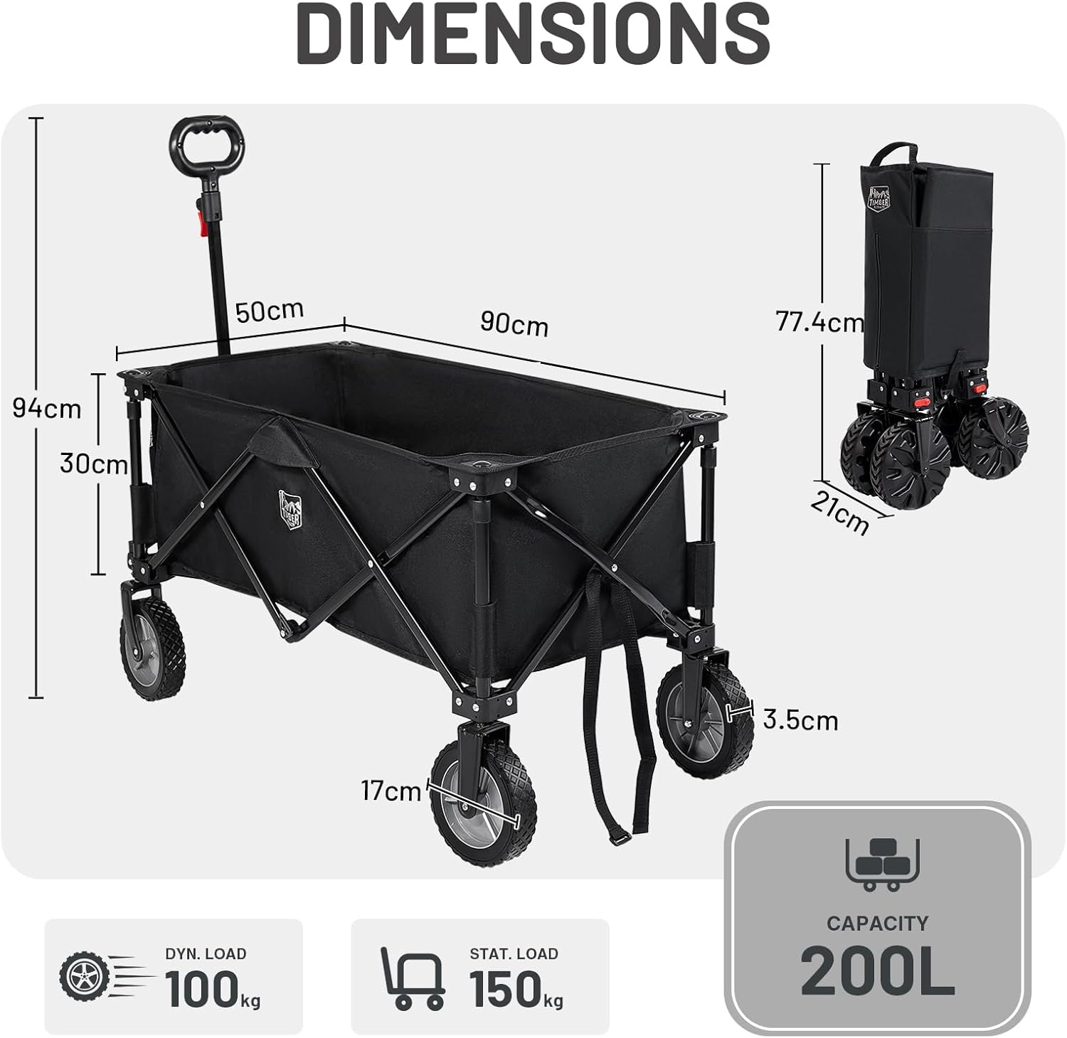 Detalle de TIMBER RIDGE Festival Trolley on Wheels (200L) folding camping wagon with adjustable handle & cup holder, black
