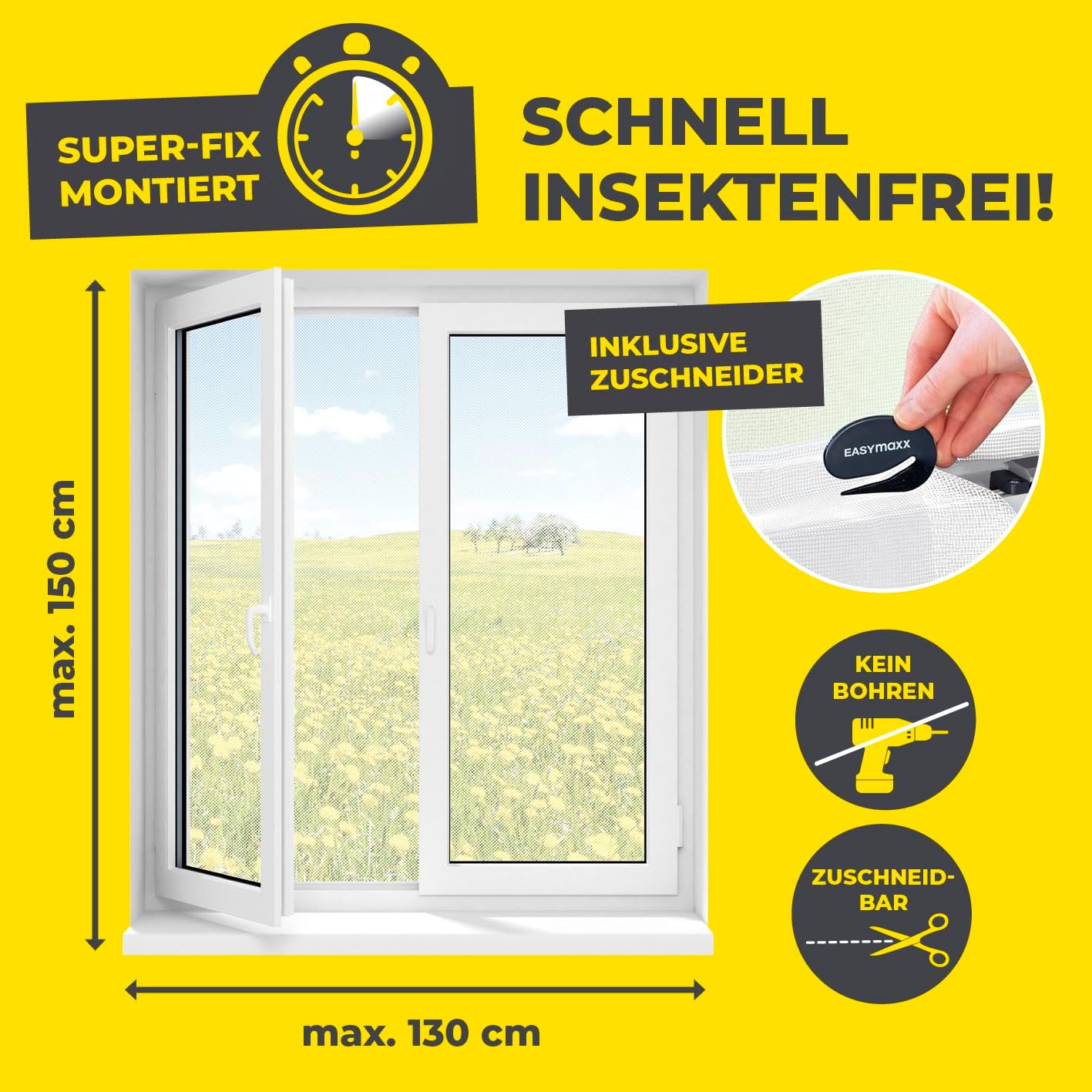 Thumbnail 3 de EASYmaxx Fliegengitter Fenster – Klettband-Mückenschutz bis 130 × 150 cm, ohne Bohren